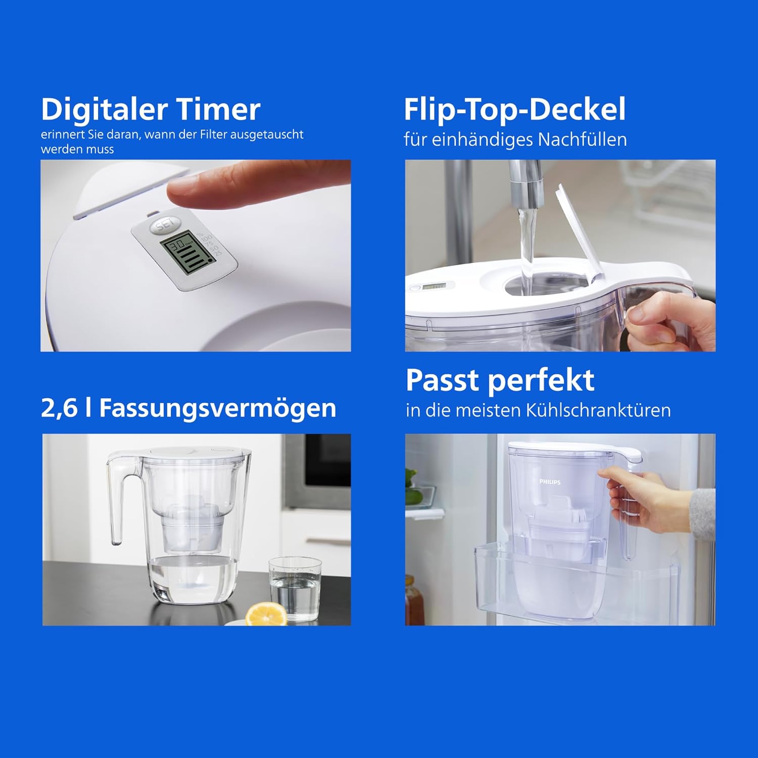 Philips Wasserfilterkanne + 4 Anti-Kalk + Ersatzfilterkartuschen. Elektronischer Timer mit schnellem Durchfluss reduziert die Wasserhärte um bis zu 50 Prozent, 2,6 l – Bild 5