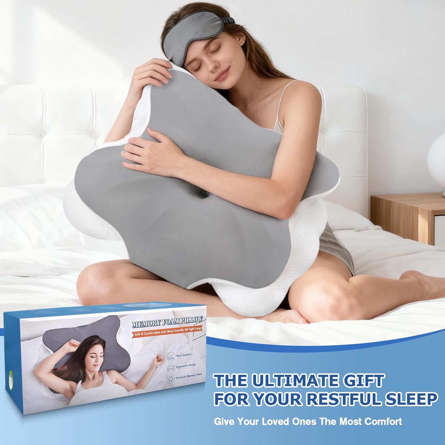 Uvellgift Ergonomisches orthopädisches Kissen, zervikales Memory-Schaum-Kissen gegen Nacken- und Schulterschmerzen, Nackenkissen mit abnehmbarem Bezug für Freunde und Eltern (grau) – Bild 7