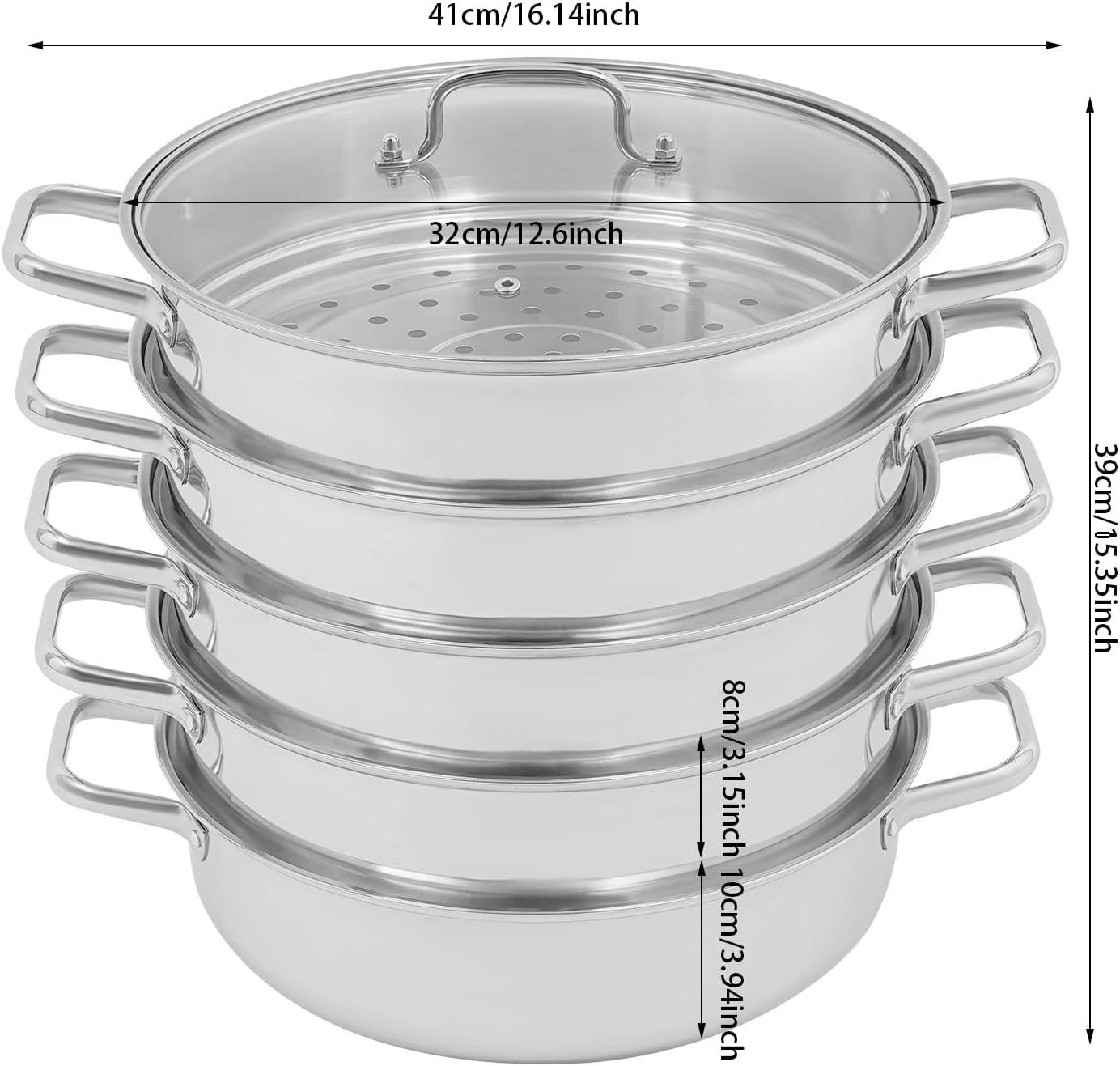 5-lagiger Dampfgarer aus Edelstahl mit Glasabdeckung, 32 cm Dampfgarer, Dampfgarer, Schongarer, Induktionskochtopf zum gleichzeitigen Dämpfen von Suppe, Nudeln, Fisch, geeignet für die Küche aller Herdarten – Bild 2
