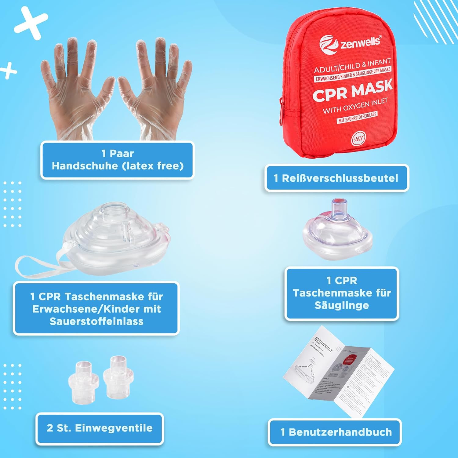 CPR-Atemmasken-Erste-Hilfe-Set für Erwachsene/Kinder und Kleinkinder – Taschenmaske im Softcase (rot) mit Selbstventil und Sauerstoffeinlass – Bild 2