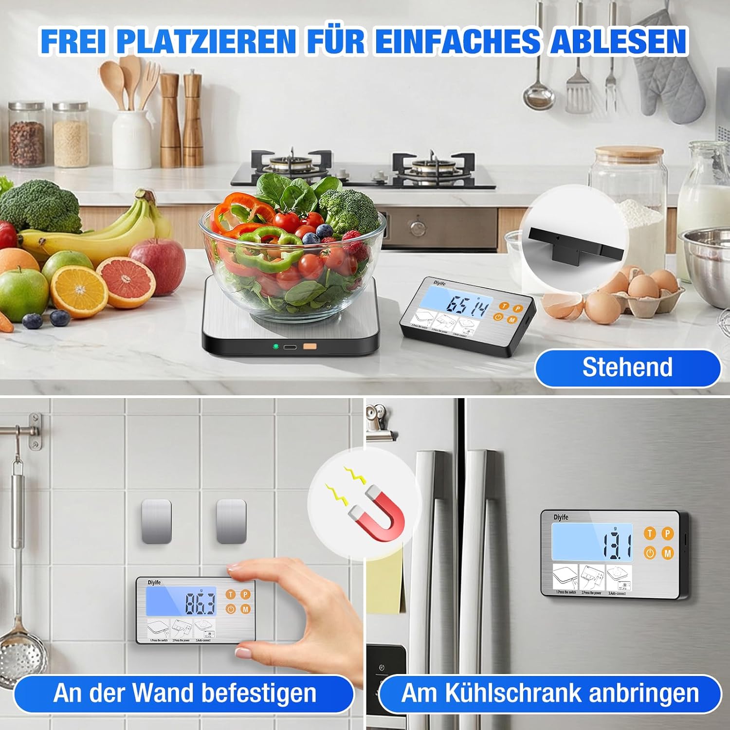 Diyife Küchenwaage, digital, geteilt, Edelstahl, 1 g/15 kg, Haushaltswaage, USB-Aufladung und batteriebetrieben, hintergrundbeleuchtetes LCD-Display, Küchenwaage, Zählfunktion zum Backen, Kochen, Essen – Bild 2