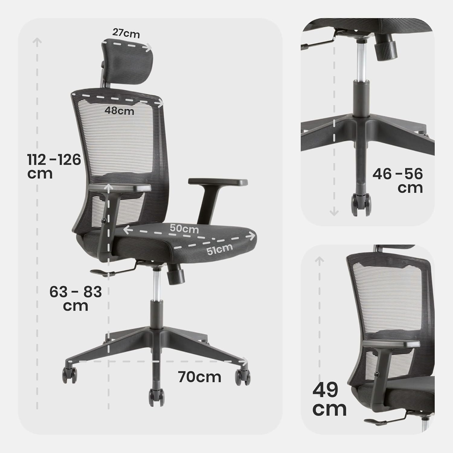 Arebos Ergonomischer Bürostuhl, Schreibtischstuhl mit verstellbarer Kopfstütze, Armlehnen, Lordosenstütze, Drehstuhl, Wippfunktion, Netz-Chefsessel, rückenschonend, Bürostuhl 136 kg – Bild 3