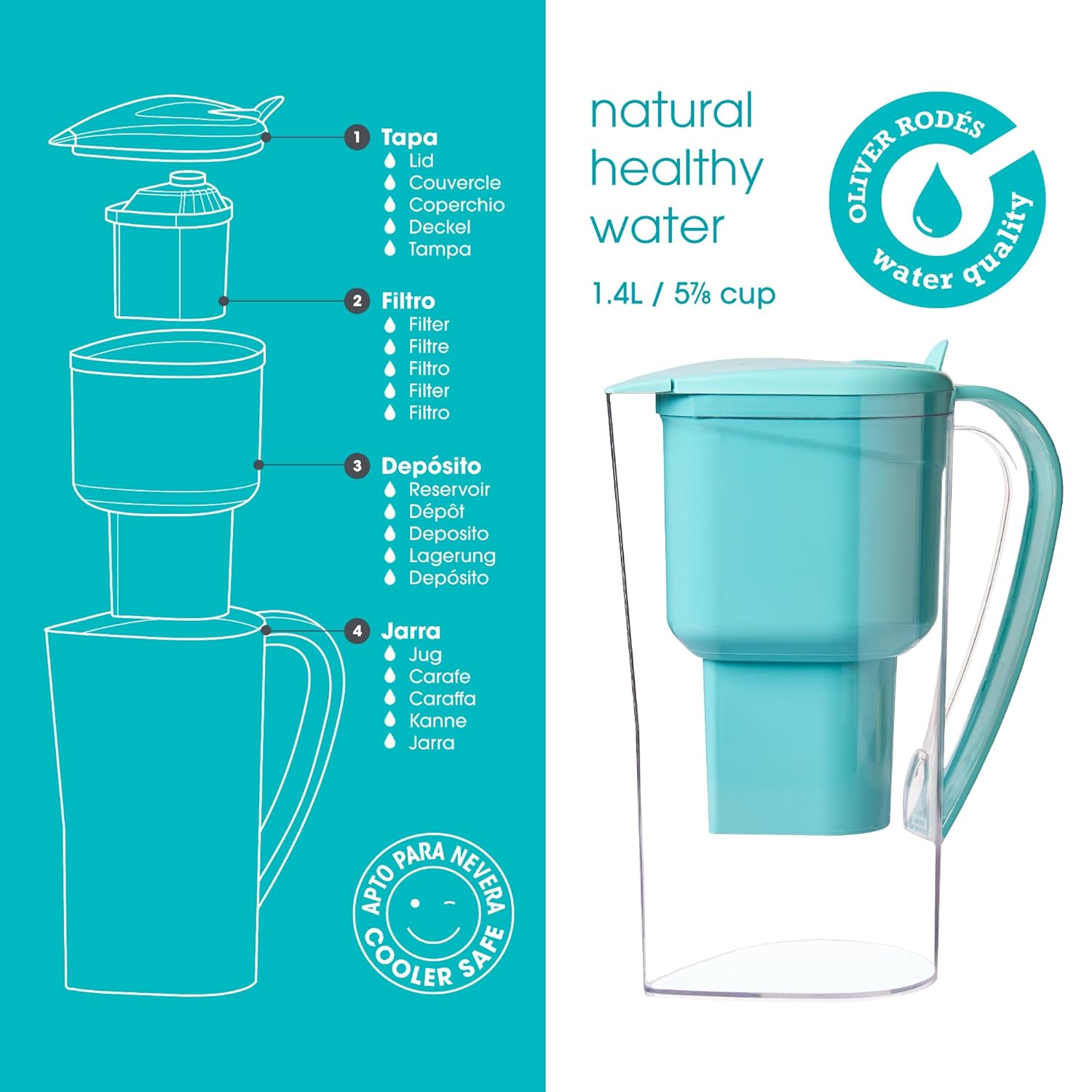 Wasserfilterkanne 1,4 L – Aktivkohlefilter aus Kokosnuss – BPA-frei – ohne Ionenaustauscher – Kalkfilter für Trinkwasser & Leitungswasser – pH 9 – Wasserfilterkanne – Filterkanne ALKANATUR – Bild 7