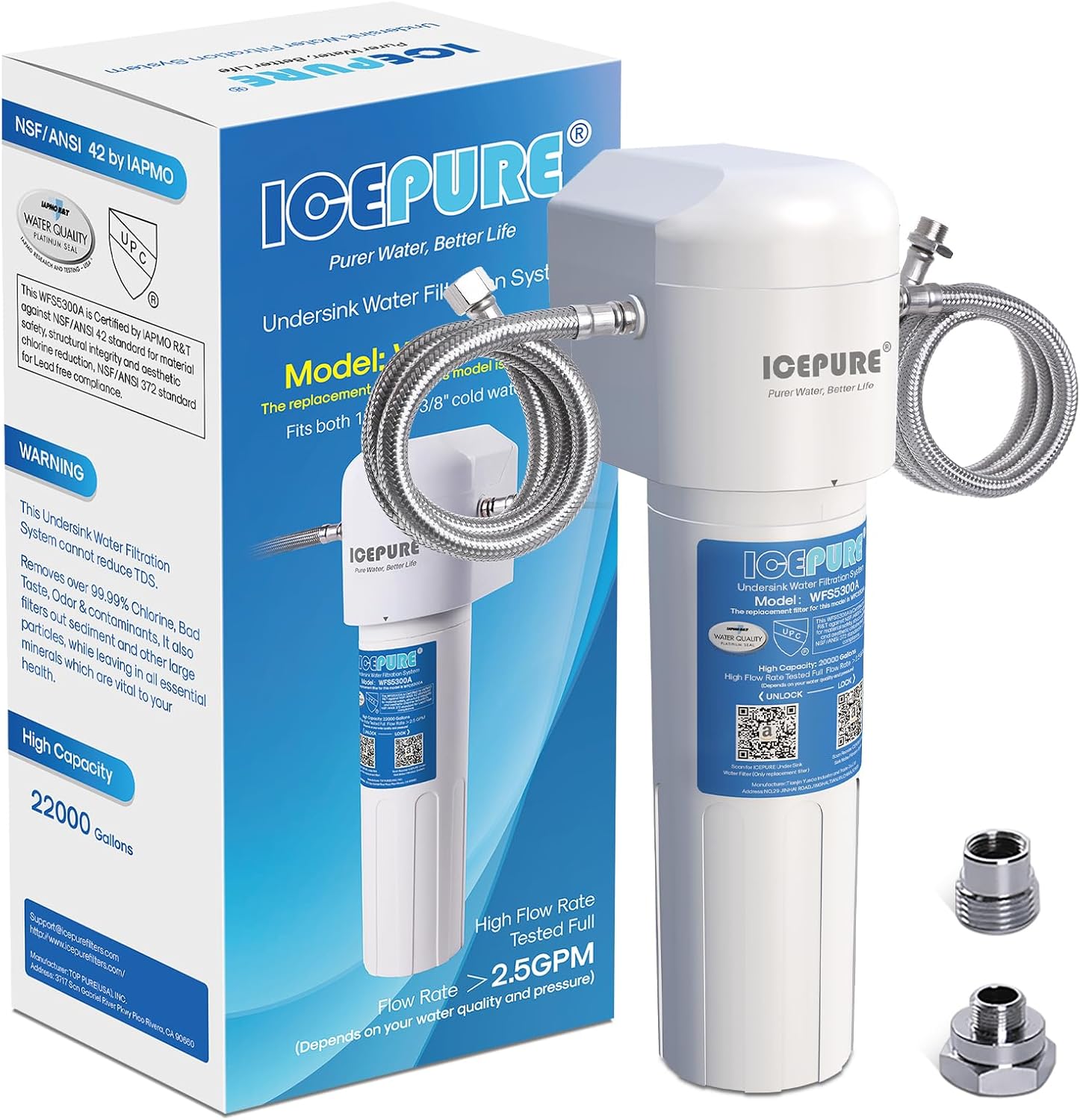 ICEPURE Untertisch-Wasserfiltersystem – Direktanschluss entfernt 99,99 % Chlor, hohe Chlorreduktionskapazität von 22.000 Gallonen verbessert Geschmack und Geruch, USA Tech