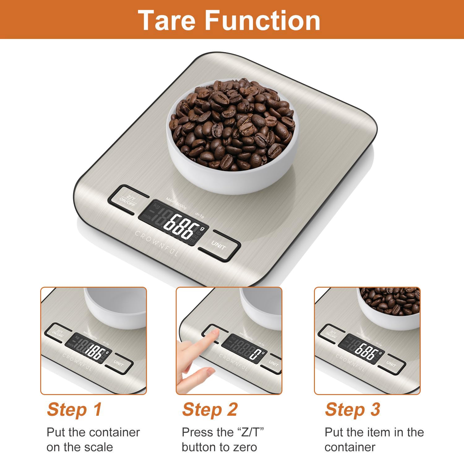 CROWNFUL Digitale Küchenwaage, 5 kg, Küchenwaage mit LCD-Display, Edelstahl-Digitalwaage, hohe Präzision bis 1 g, 5 Einheiten mit Tara-Funktion – Bild 5