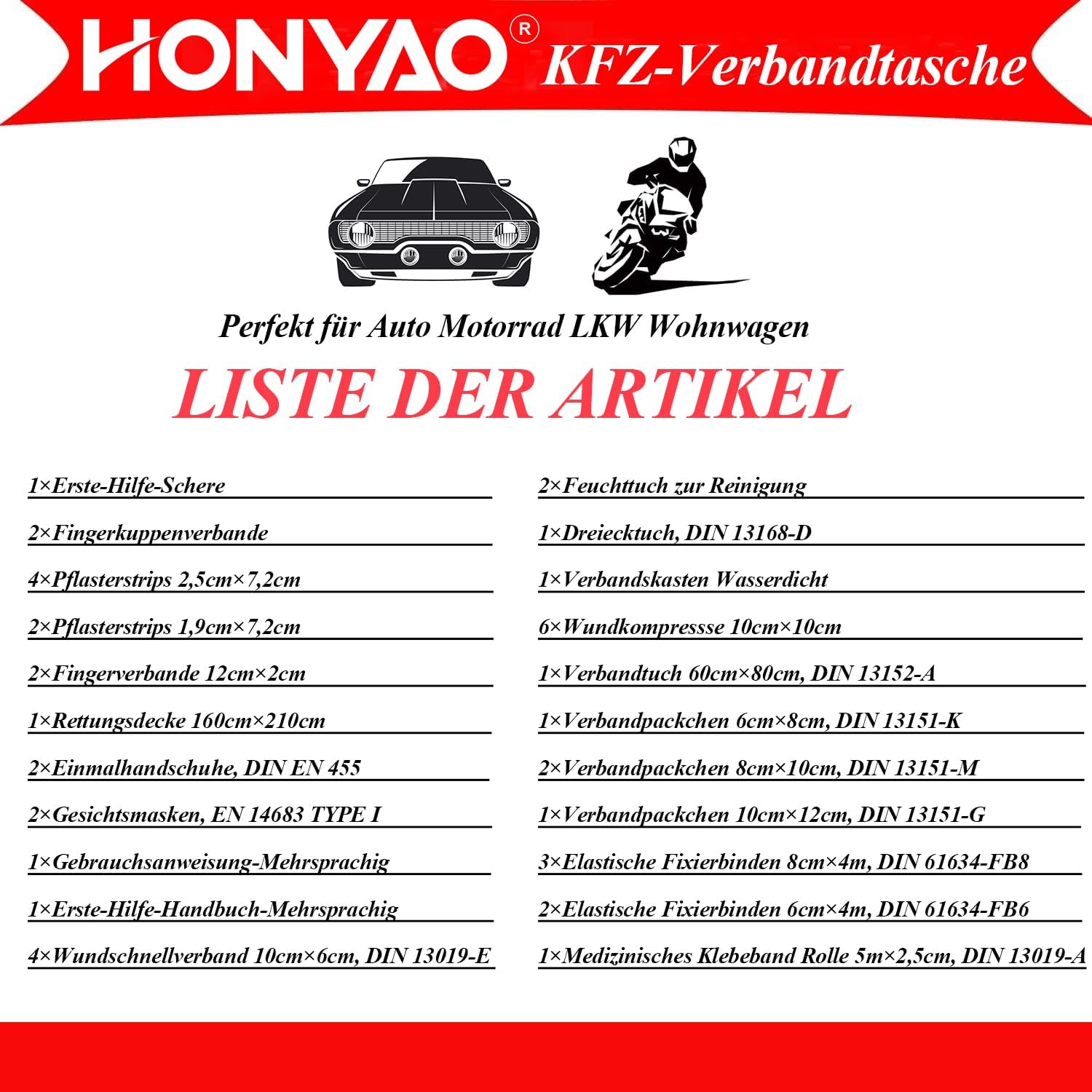 HONYAO Erste-Hilfe-Set Auto 2026, Auto-Verbandstasche nach aktueller DIN 13164, Erste-Hilfe-Set Auto 2026, StVO-konform, Auto-Verbandskasten für Auto, Motorrad, LKW, Wohnwagen, europaweit gültig – Bild 6