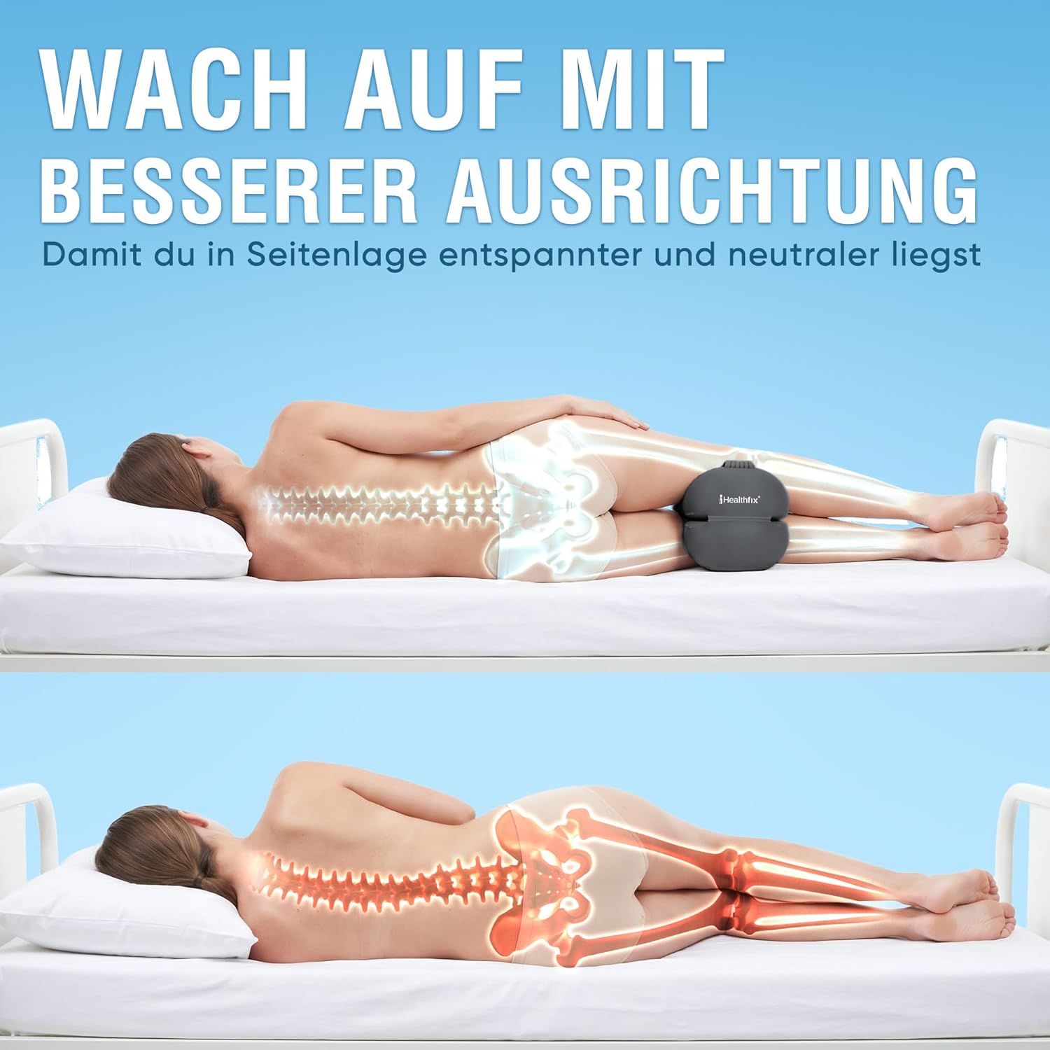 Healthfix Kniekissen für Seitenschläfer, orthopädisches Beinkissen zum Schlafen mit Gurt, 2 Stück, Memory-Schaum, kühlender, waschbarer Bezug (schwarz) – Bild 3