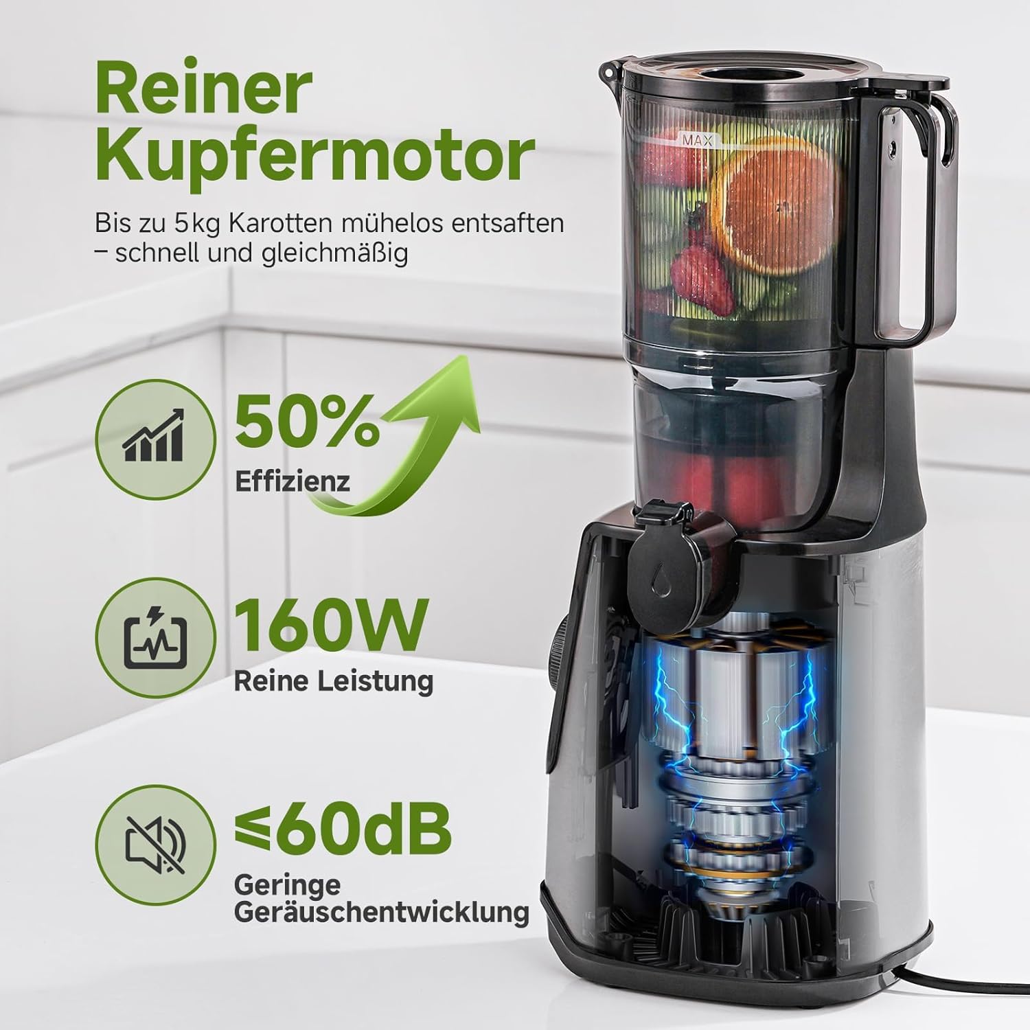 AMZCHEF Slow Juicer Entsafter mit 118 mm großer Einfüllöffnung für ganze Früchte und Gemüse, 180 W Kaltentsafter, leicht zu reinigen, Silber – Bild 4