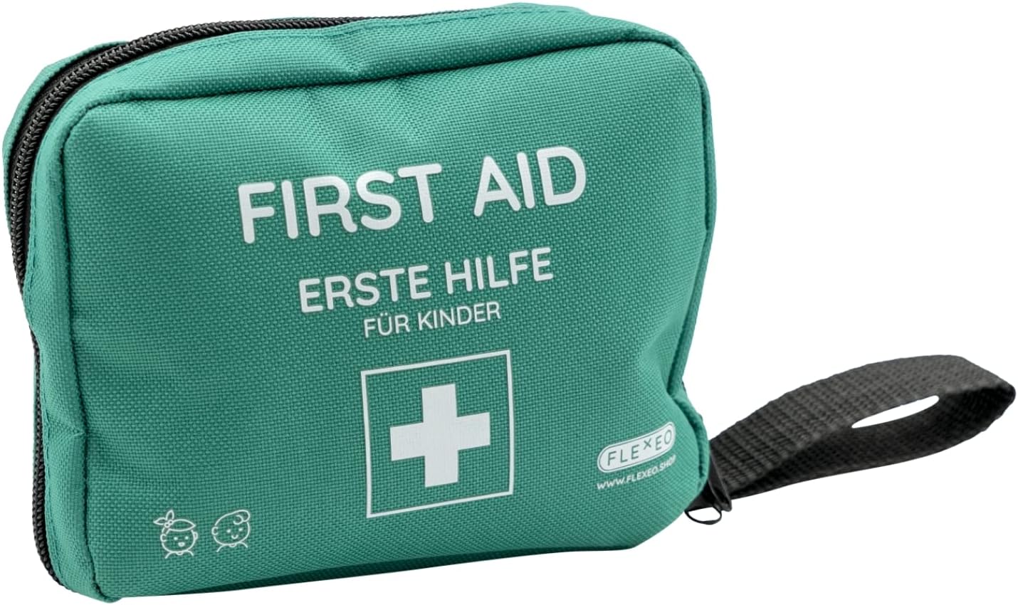 FLEXEO Kinder-Erste-Hilfe-Set, Reiseapotheke gefüllt mit 47 Inhalten, Schere, Erste-Hilfe-Tasche Baby für unterwegs, Notfallset mit Fingerpuppe und Tapferkeitsaufklebern, Notfalltasche