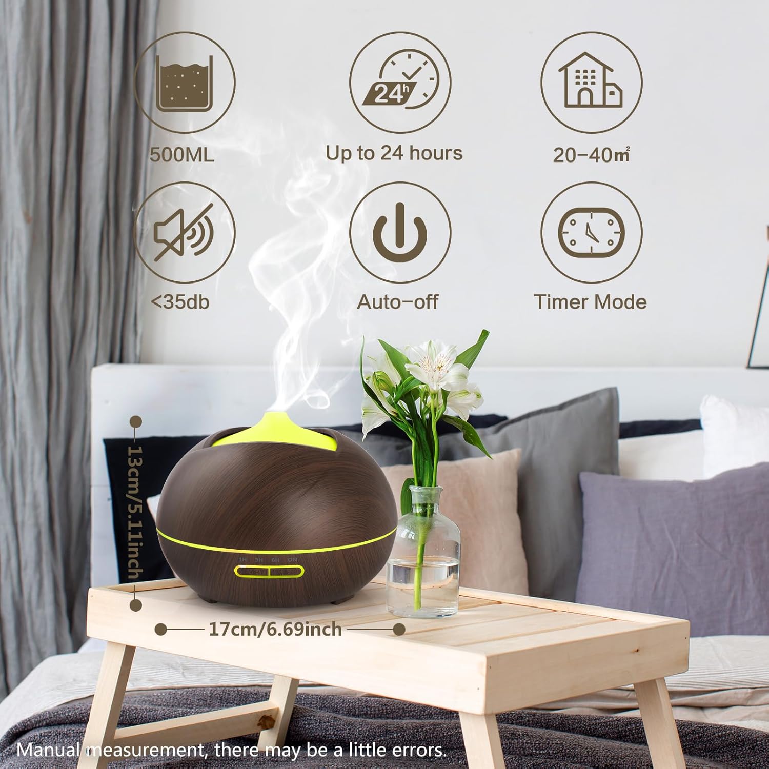 Aromadiffusor 500 ml, Diffusor für ätherische Öle, Aromatherapie-Luftbefeuchter mit Timer für Raum, Yoga, SPA, 14-Farben-LED, Fernbedienung, dunkle Holzmaserung – Bild 2