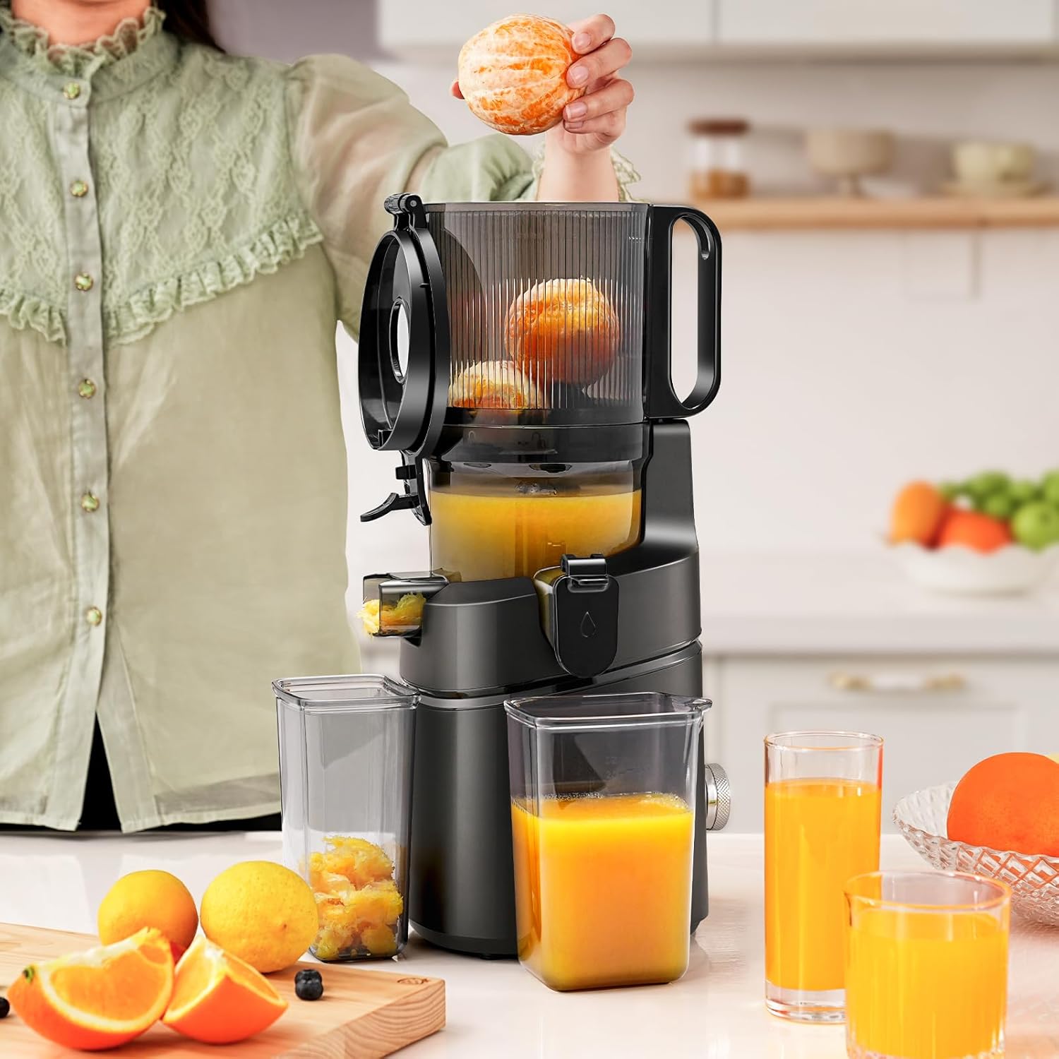 AMZCHEF 250W Automatischer All-In-One Entsafter, 145mm Öffnung und 1,8L Kaltpresse für Gemüse und Obst, Entsafter Slow Juicer Testsieger mit Dreifachfilter - Schwarz – Bild 6