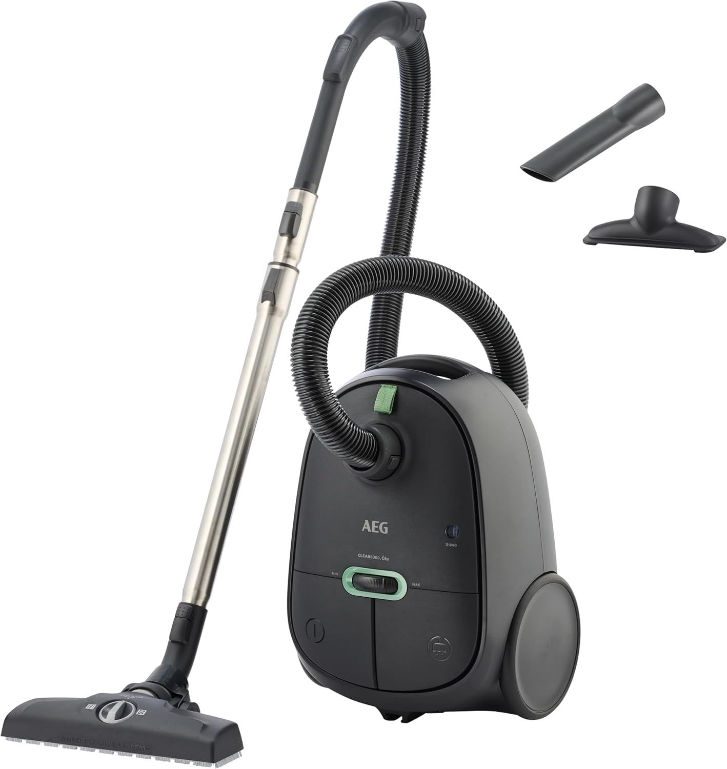 AEG Clean 6000 AB61C1OKO Öko-Staubsauger, hohe Saugleistung, zusätzliche Düsen, XL-Räder, Edelstahl-Teleskoprohr, 65 % recyceltes Material, 12 m Kabel, 850 Watt, Zubehör, grau