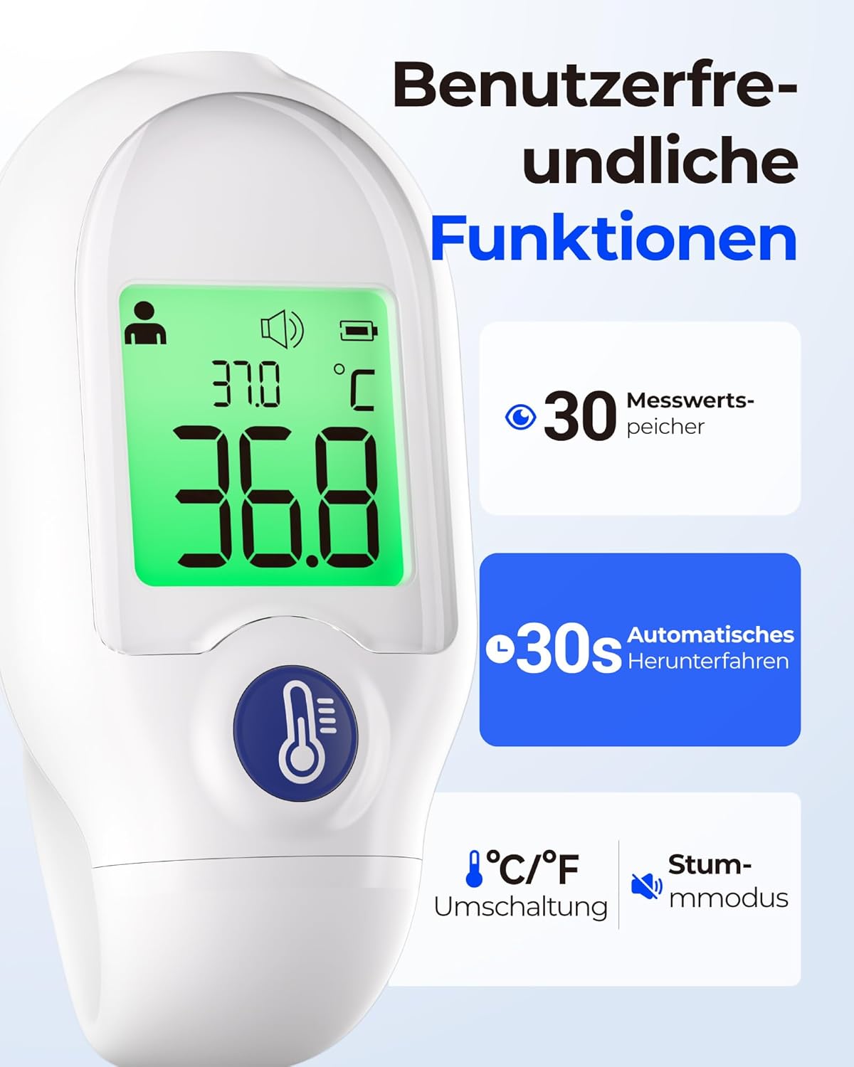 Femometer Fieberthermometer für Babys, Kinder und Erwachsene, kontaktlos, Infrarot, Messung in 1s, dreifarbiges Display, Objekt- und Raumtemperatur, tragbar für den Reisegebrauch, Fieberwarnung, weiß – Bild 8