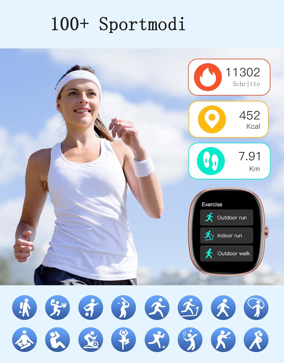 Damen Smartwatch mit Telefonfunktion, 1,85 Zoll Smartwatch mit SpO2/Herzfrequenz/Schlafmonitor/Schrittzähler 100+ Sportmodi, IP68 wasserdichte Fitnessuhr Whatsapp Notify für Android iOS Handy – Bild 3