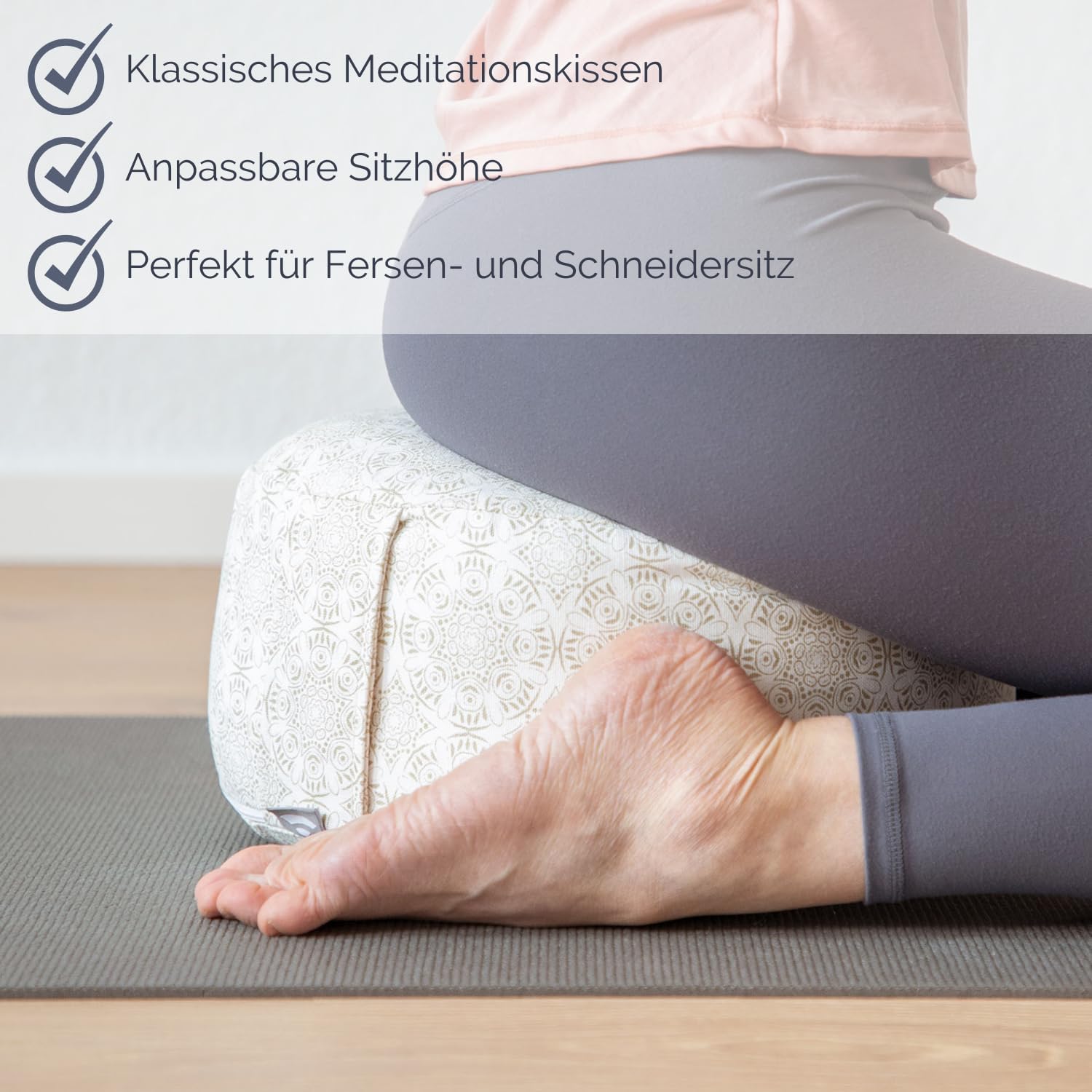 Bodhi Rondo Meditationskissen, abnehmbarer Bezug aus 100 % Baumwolle, Bio-Dinkelfüllung, Höhe 14-20 cm, praktischer Tragegurt, Maharaja-Kollektion (Mineralblau RAJA/Silber Uni) – Bild 4