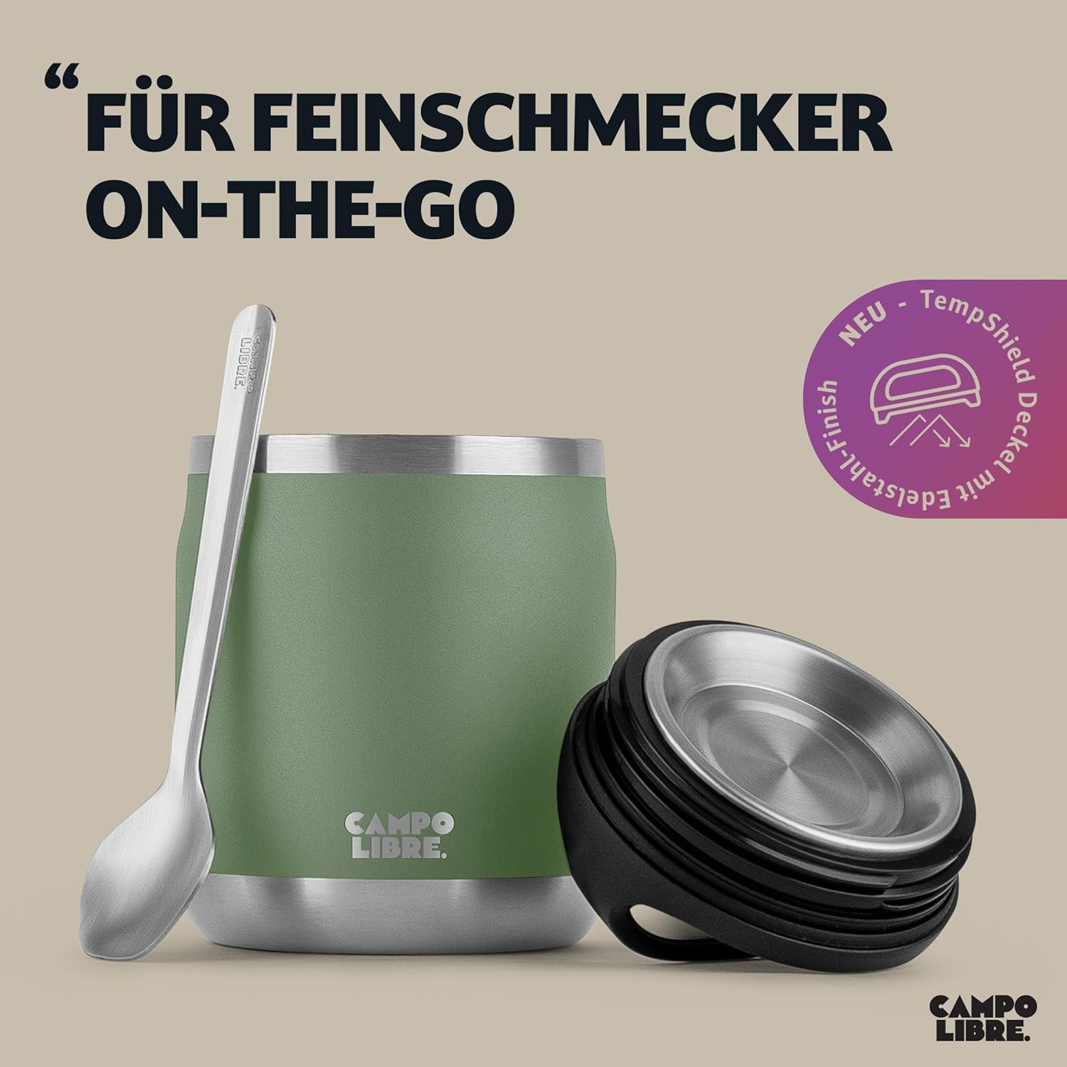 Campo Libre. Lotta, Thermobehälter für Lebensmittel, Edelstahl-Thermobecher Essen mit Löffel, Warmhaltebehälter, Müslibecher oder Babybrei, Warmhaltebox, Thermo-Speisebehälter, grün, 600 ml – Bild 2
