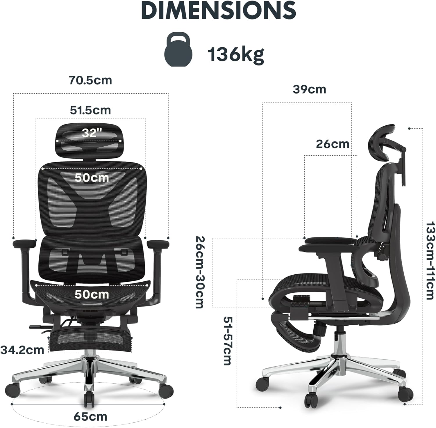 FLEXISPOT ErgoX Ergonomischer Bürostuhl, Schreibtischstuhl mit Fußstütze, 3D-Armlehnen, 3D-Kopfstütze, 5D-Rückenlehne, atmungsaktiver Sitz, 136 kg maximale Belastbarkeit, Dunkelgrau – Bild 2
