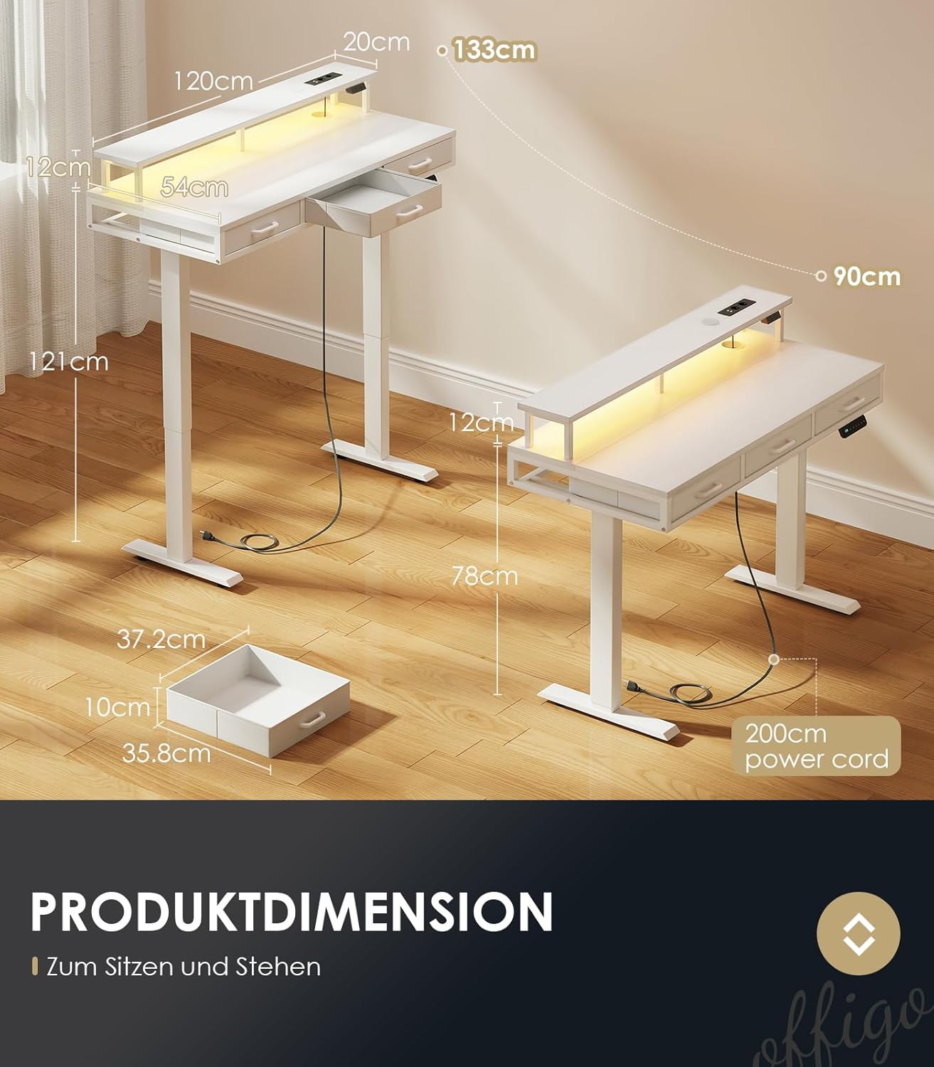 OffiGo Höhenverstellbarer Schreibtisch mit Monitorständer, 120 cm elektrischer Schreibtisch mit Schubladen, Stehpult mit Steckdosen und Lichtleiste, Tisch höhenverstellbarer Bürotisch, Weiß – Bild 5