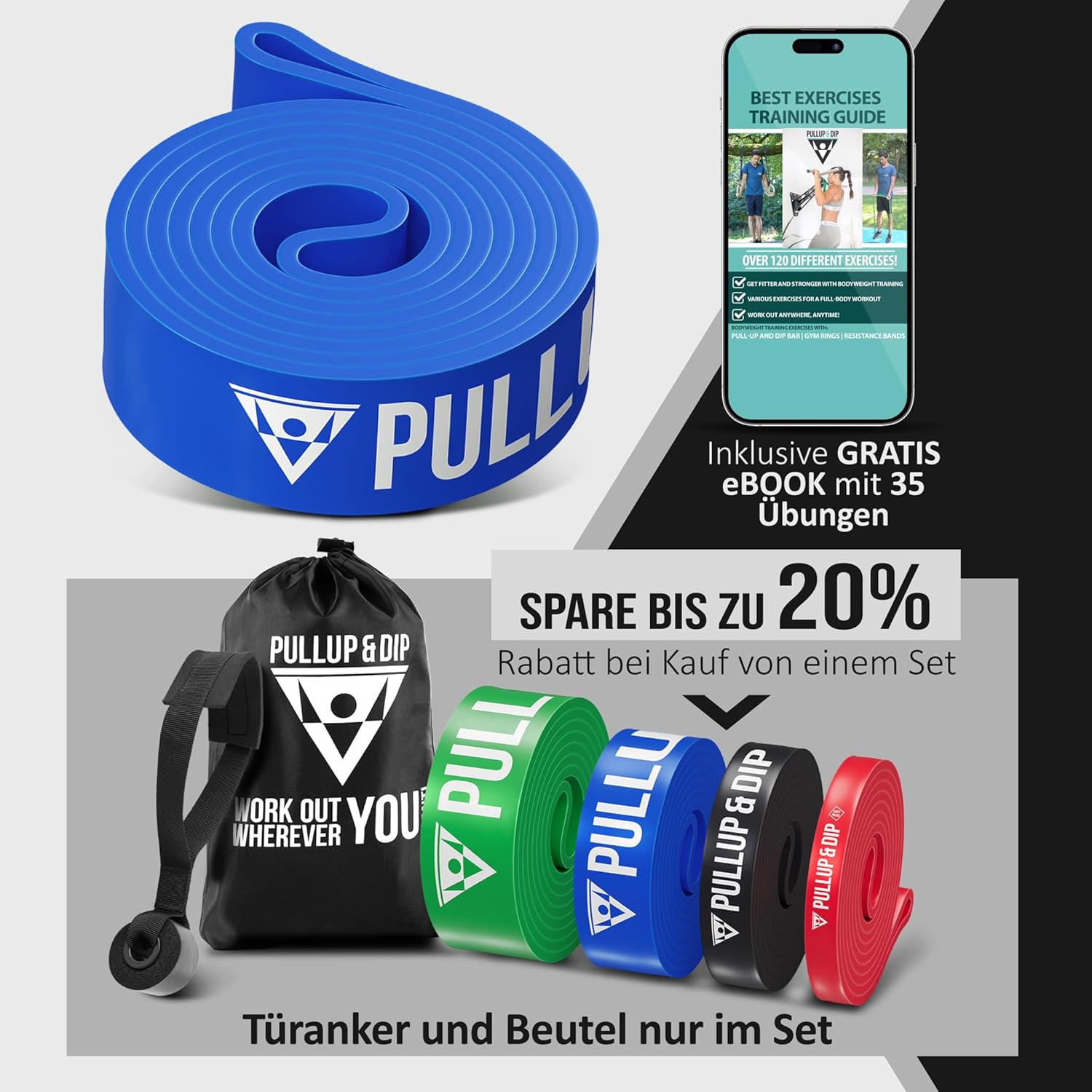 PULLUP & DIP Fitnessbänder, Widerstandsbänder mit Tasche, Türanker (mit Sets) und Übungsanleitung, einzeln & im Vorteilsset, Pull-Up Band Fitnessband für Calisthenics – Bild 6