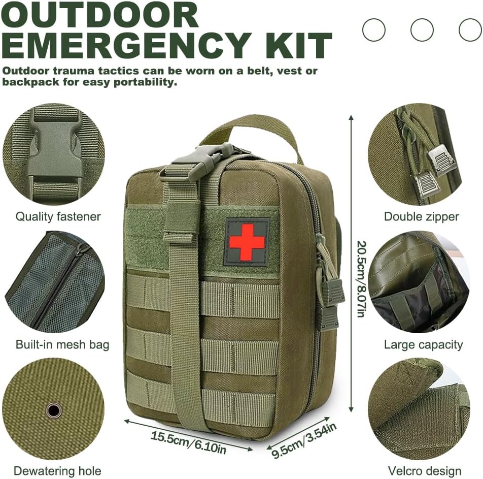 Erste-Hilfe-Set Outdoor Militär, 61 Teile Erste-Hilfe-Set Militär, Ifak gefüllt, Notfallset, Survival-Set für Outdoor-Camping, Jagd, Wandern, Zuhause, Auto, Klettern (Militärgrün) – Bild 2