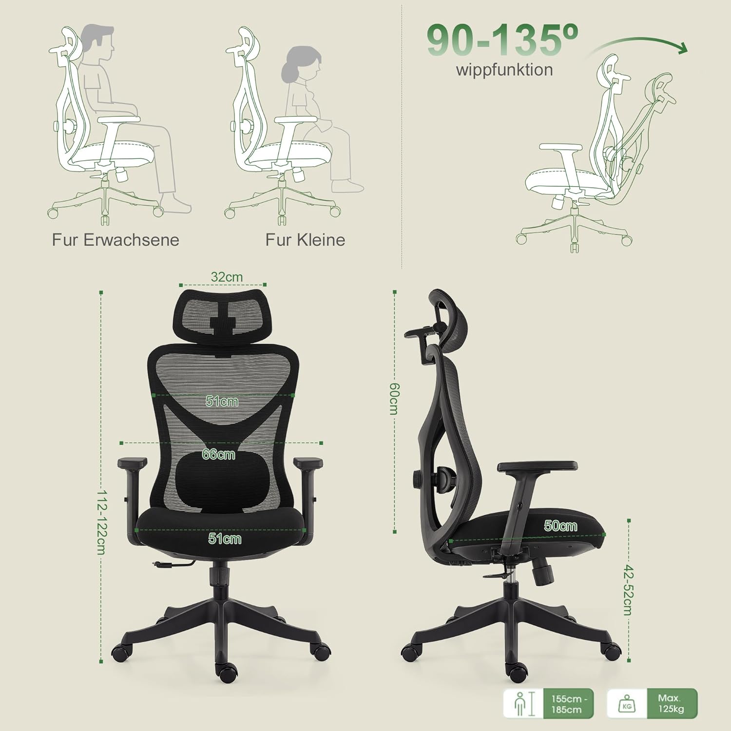 CALIYO G-1635H Ergonomischer Bürostuhl, Schreibtischstuhl mit verstellbarer Kopfstütze, Armlehnen, Lordosenstütze und Wippfunktion – Drehstuhl aus atmungsaktivem Netzstoff, Gaming-Stuhl, Bürostuhl 150 kg, Schwarz – Bild 3