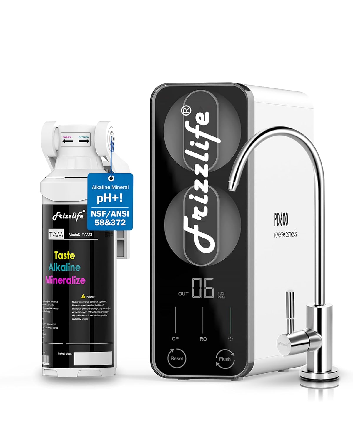 Frizzlife Umkehrosmose-Wasserfiltrationssystem 2271 LPD RO Hoher Durchsatz, kein Wassertank, reduziert TDS, kompakt, alkalisches Mineral, Ablaufverhältnis 1,5:1, EU-Tech-Support, PD600-TAM3