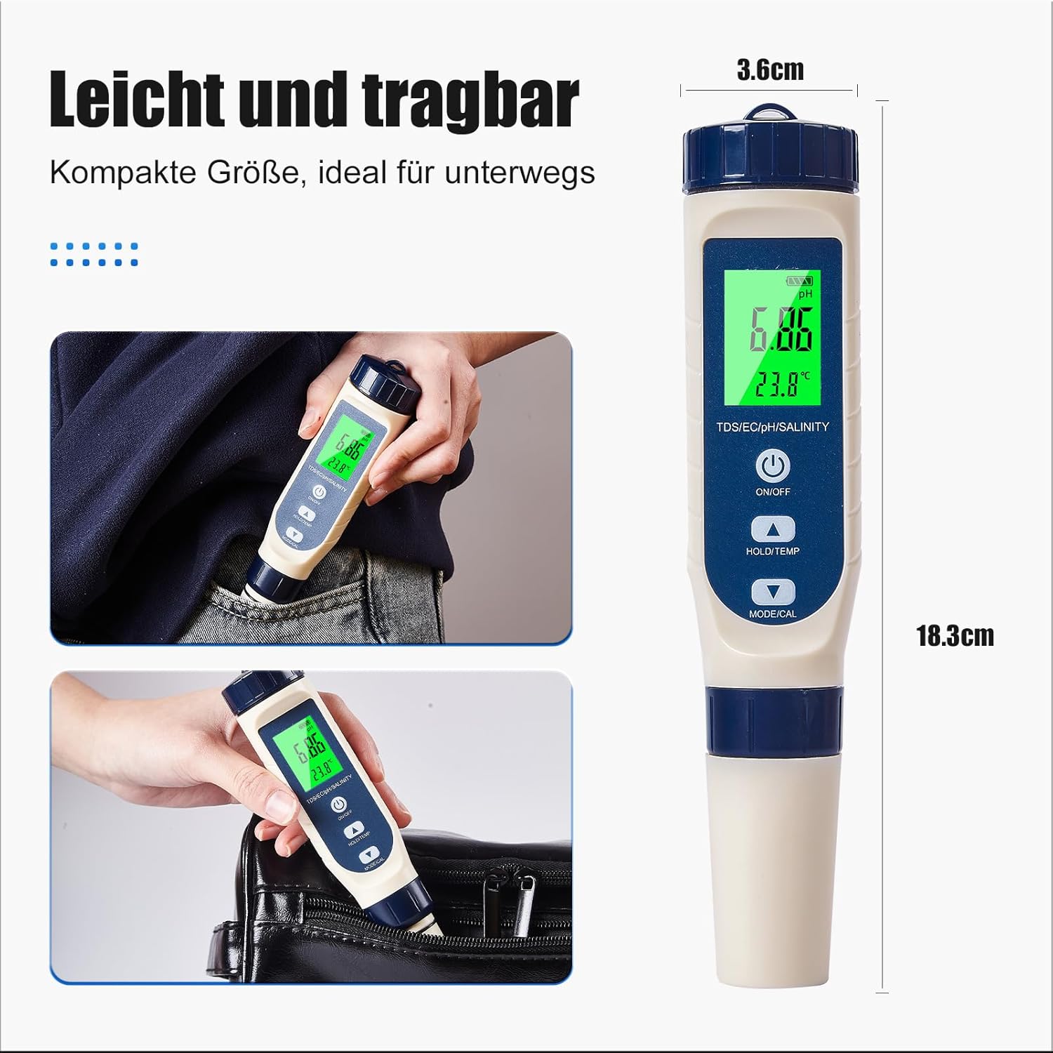 Pious PH-Wert-Messgerät, hochpräzises pH-/Salzgehalt/EC/TDS/Temperatur-Multifunktions-PH-Messgerät, LCD-Display mit automatischer Temperaturkompensation, geeignet für Trinkwasser, Schwimmbad, Hydrokultur – Bild 6