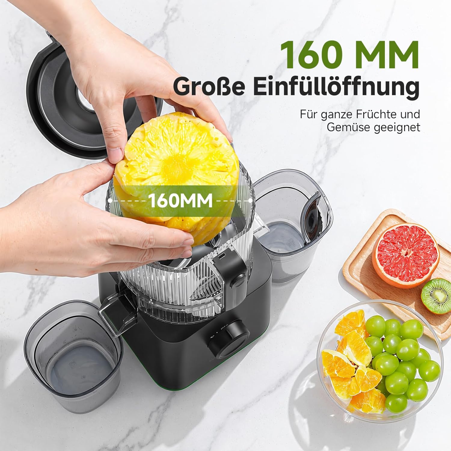 AMZCHEF Slow Juicer Kaltpress-Entsafter für Obst & Gemüse, 160 mm XXL-Einfüllöffnung für ganze Früchte, 2,5 l Behälter, 2 Filter für Saft und Sorbet, leise und leicht zu reinigen, schwarz – Bild 2