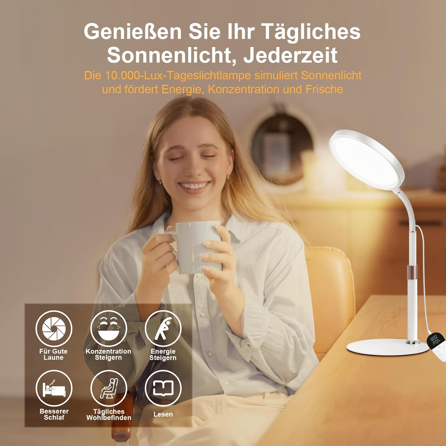 SAD Lamp – UV-freie Lichttherapielampe mit 10.000 Lux, 3 Farbtemperaturen, 9 Helligkeitsstufen & 15/30/45 Min. Timer – Tageslichtlampe zur Stimmungsaufhellung – Bild 4