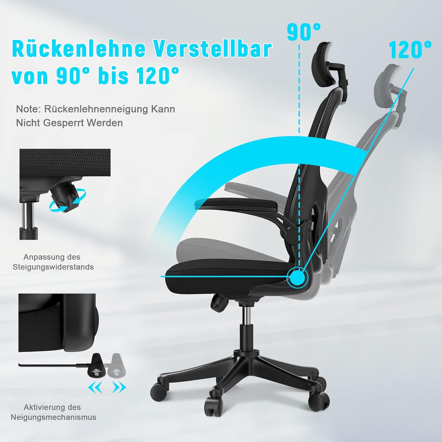 naspaluro Ergonomischer Bürostuhl mit atmungsaktivem Netzbezug, Schreibtischstuhl mit verstellbaren Armlehnen, Kopfstütze, Lordosenstütze, Rückenlehne, Höhenverstellung, 360°-Drehstuhl, Dunkelschwarz – Bild 4
