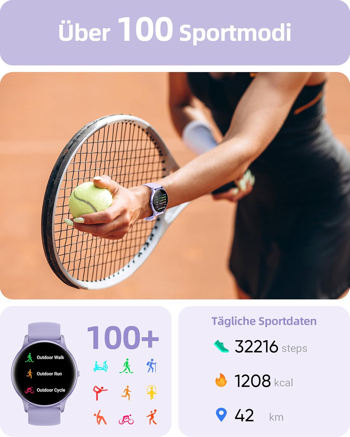 Parsonver SPROD1 Runde Smartwatch für Damen mit Telefonfunktion, Armbanduhr Damen mit Herzfrequenz-Schlafmonitor, SpO2, Schrittzähleruhr mit 100+ Sportmodi, IP68 wasserdicht für Android und iOS, Lila – Bild 4