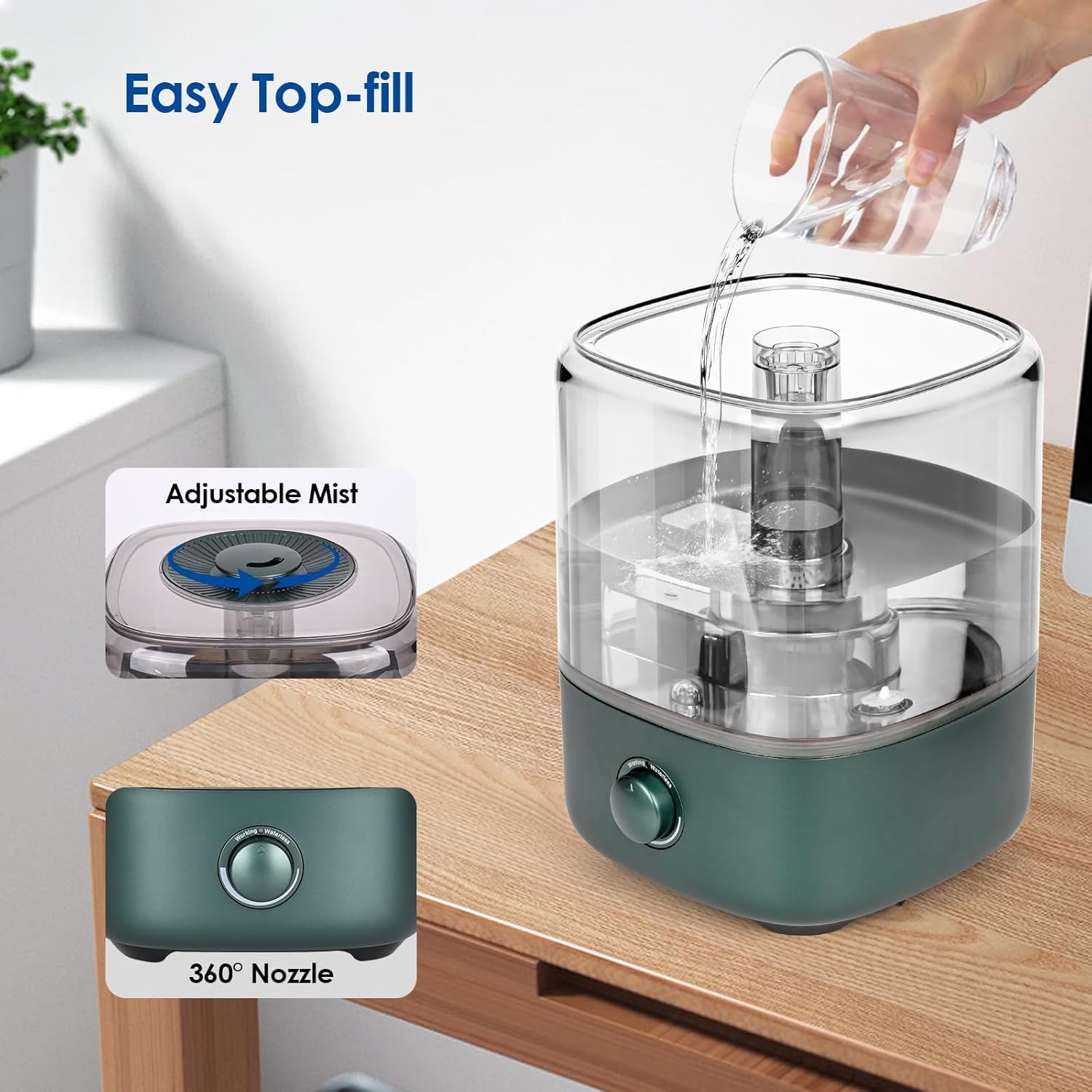 Ultraschall-Schlafzimmer-Luftbefeuchter, 5 l, 28 dB, leiser Luftbefeuchter, Top-Fill-Raumbefeuchter mit 360° drehbarer Düse, Erhöhung der Luftfeuchtigkeit für Kinderzimmer, Büro, Babypflanzen, Grün – Bild 4