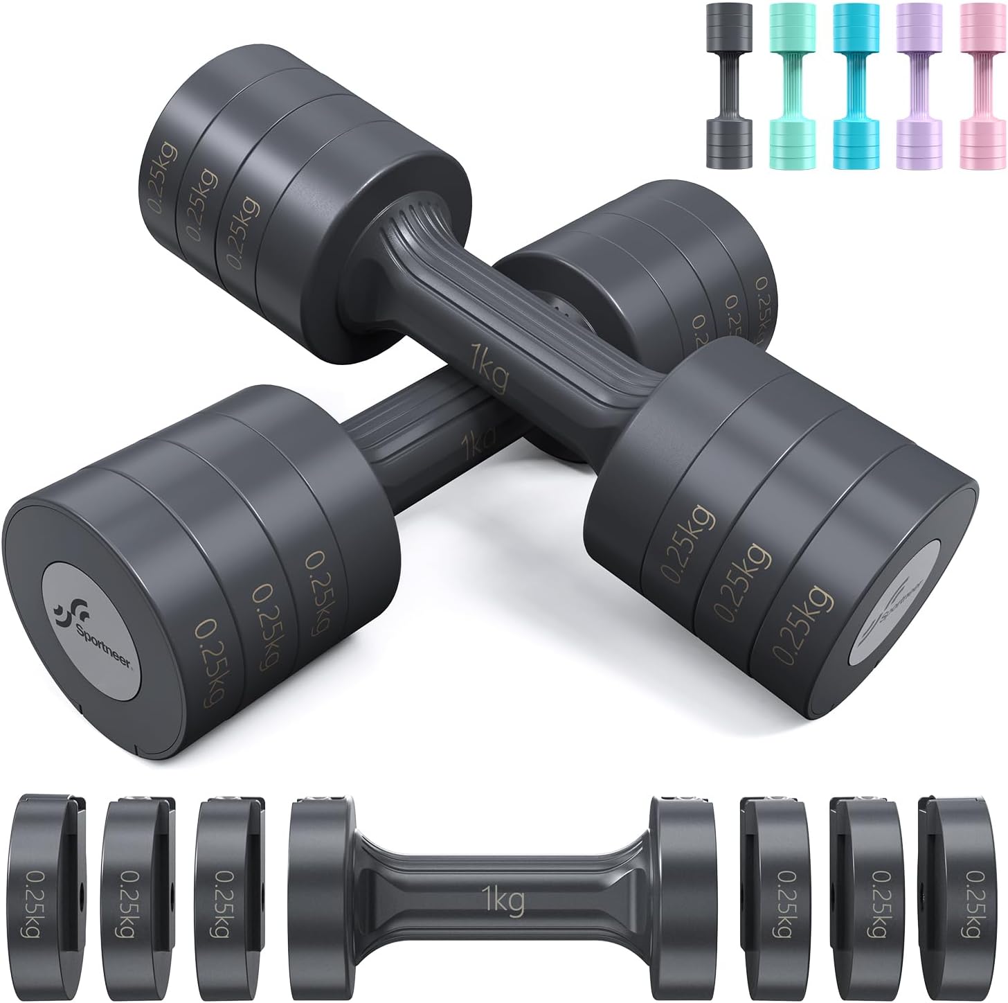 Sportneer Verstellbares Hantel-Set – Hanteln Damen-Set je 1–2,5 kg, 4-in-1-Hanteln-Set mit 2 Stück, verstellbares Hantel-Set für Heim-Fitnessstudio, Fitness, Krafttraining, Geschenk