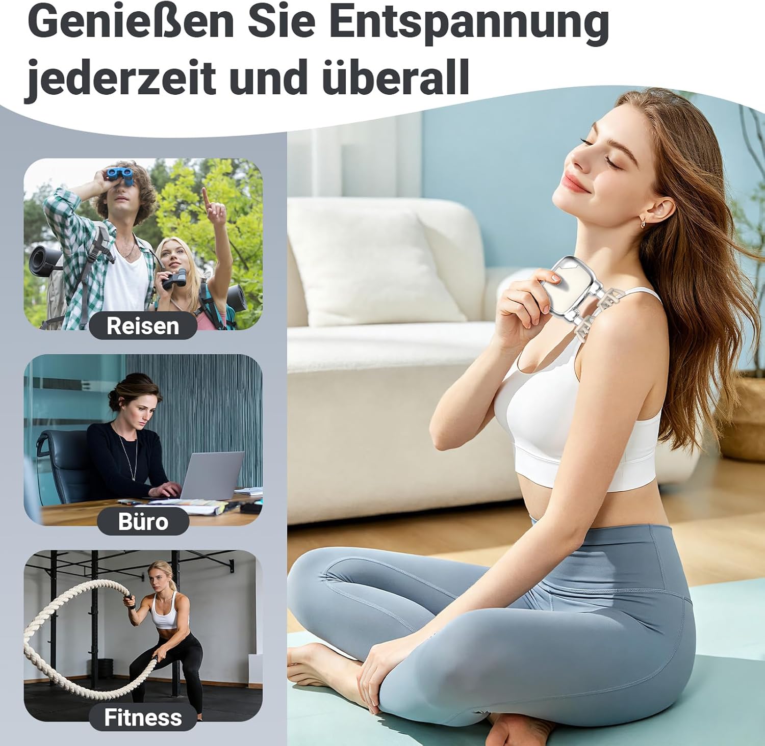 Massagepistole Mini Dual Head – Tragbares Nackenmassagegerät mit 9 mm Tiefengewebemassage, 3 Silikonaufsätzen, 3 Intensitätsstufen, Leise Mini Massage Gun (Silber) – Bild 4