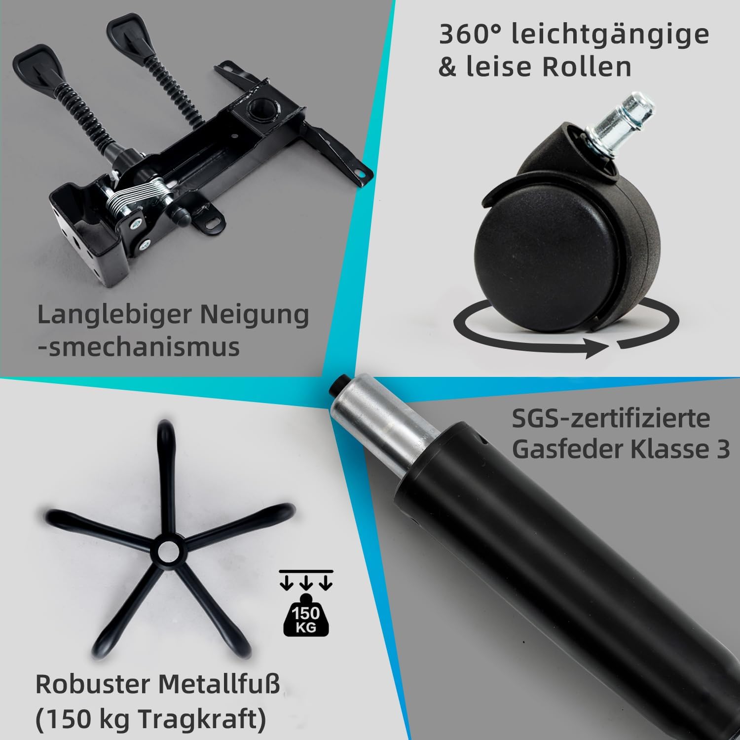 MZLEE Ergonomischer Bürostuhl, Schreibtischstuhl mit Fußstütze, 90-135° neigbarer Drehstuhl, Höhenverstellung und Mittagspausenfunktion, Chefsessel für Büro und Zuhause, 150 kg Tragkraft – Bild 8