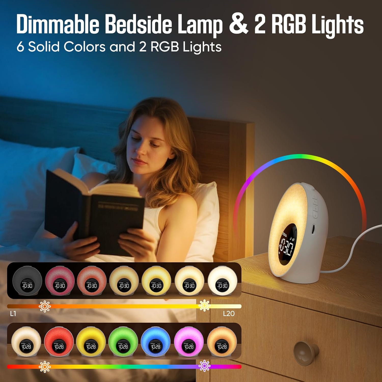 Tageslichtwecker, Lichtwecker Sonnenaufgang Wecker mit Licht, Wecker Digital mit 2 Alarme und Snooze, White Noise Machine mit 30 Schlafgeräuschen, Nachttischlampe mit 20 Helligkeit, 8 Farblicht, Timer – Bild 7