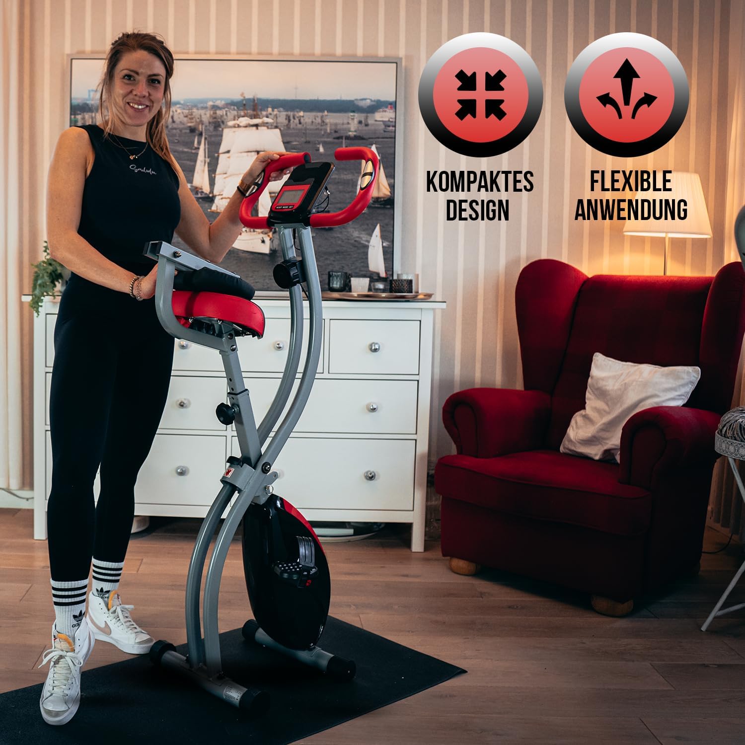 Senioren-Heimtrainer, faltbarer Fahrradtrainer, Heimtrainer, Fitnessfahrrad, LCD-Trainingscomputer, faltbarer Heimtrainer, inklusive Pulsmessung, 8 Widerstandsstufen – Bild 5
