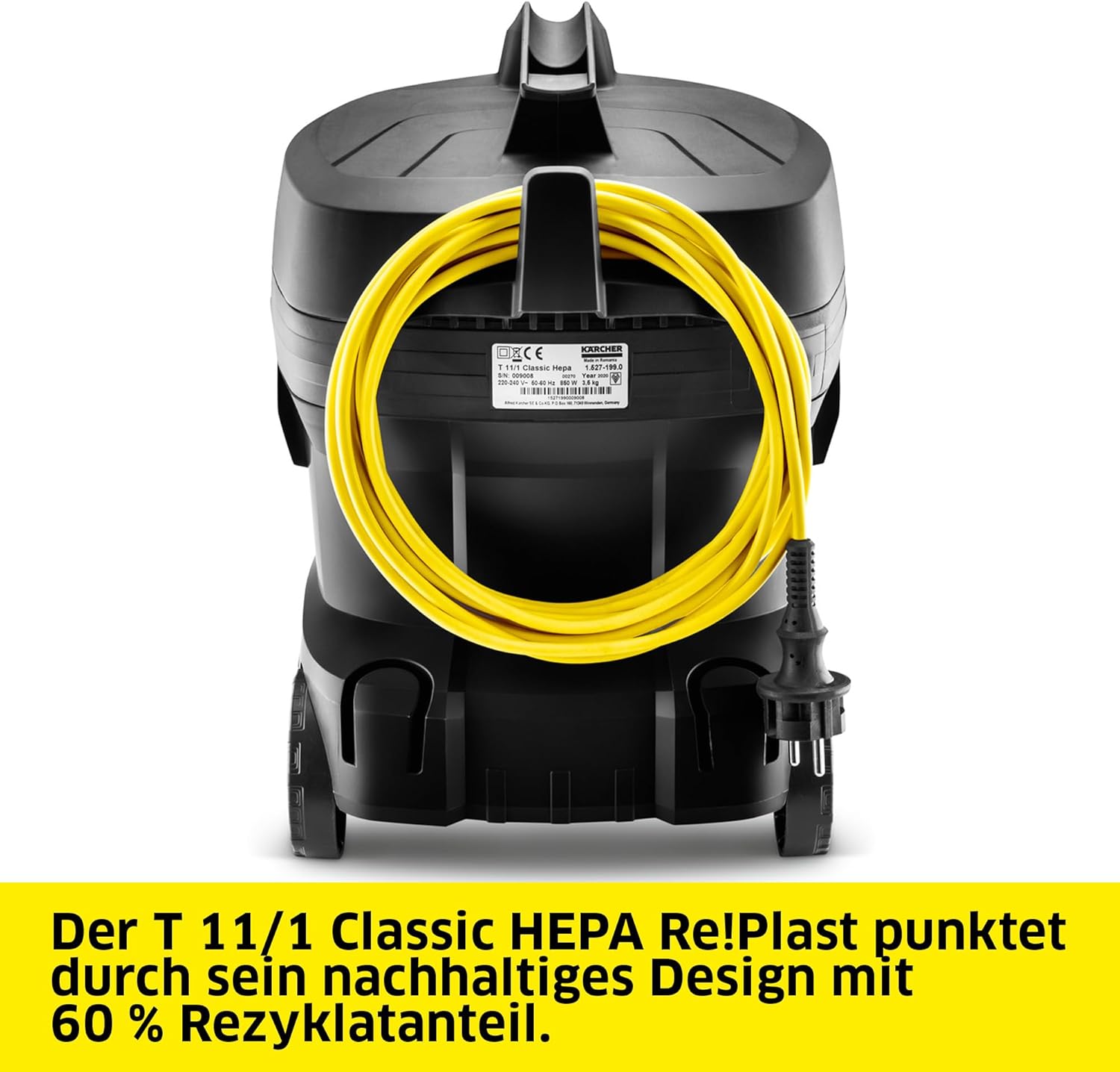 Kärcher Sauger T 11/1 Classic HEPA Re!Plast, leichter Staubsauger, Fassungsvermögen: 11 L, Leistung: 850 W, Schalldruckpegel: 61 db(A), Gewicht: 4,2 kg, Kabel: 7,5 m, HEPA 14-Filter, Behälter mit Rezyklat – Bild 7