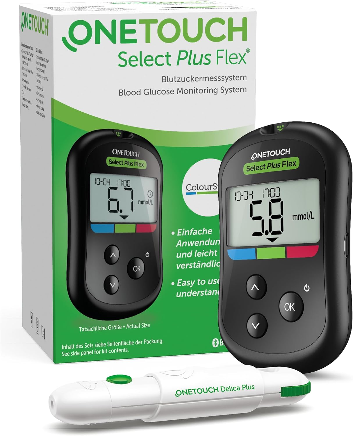 OneTouch Select Plus Flex Blutzuckermessgerät (mmol/L) | 1 Meter, 10 Teststreifen, 1 Stechhilfe, 10 Lanzetten und 1 Etui