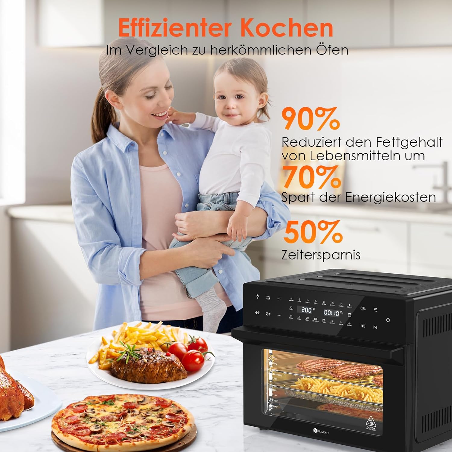 LLIVEKIT 30 L XXL Heißluftfritteuse, Mini-Ofen Konvektionsluft mit 20 Programmen und 9 Zubehörteilen, Mini-Ofen mit LED-Touchscreen, Airfryer-Ofen ohne Öl mit Sichtfenster, zwei Kochmodi, Rezeptbuch, 80 °C – 230 °C – Bild 5