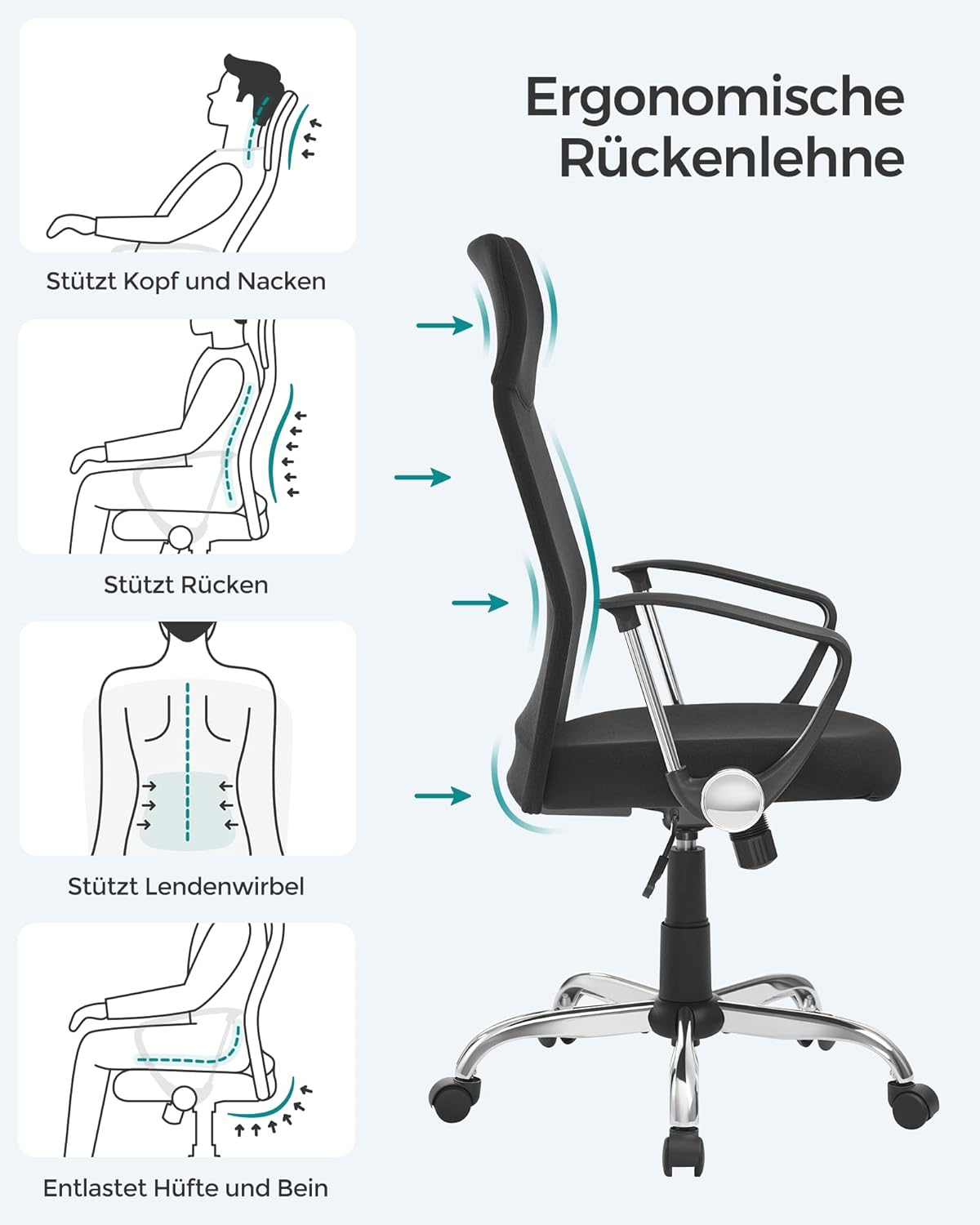SONGMICS Bürostuhl, ergonomischer Drehstuhl, gepolsterter Sitz, Stoffbezug, verstellbar und neigbar – Bild 4