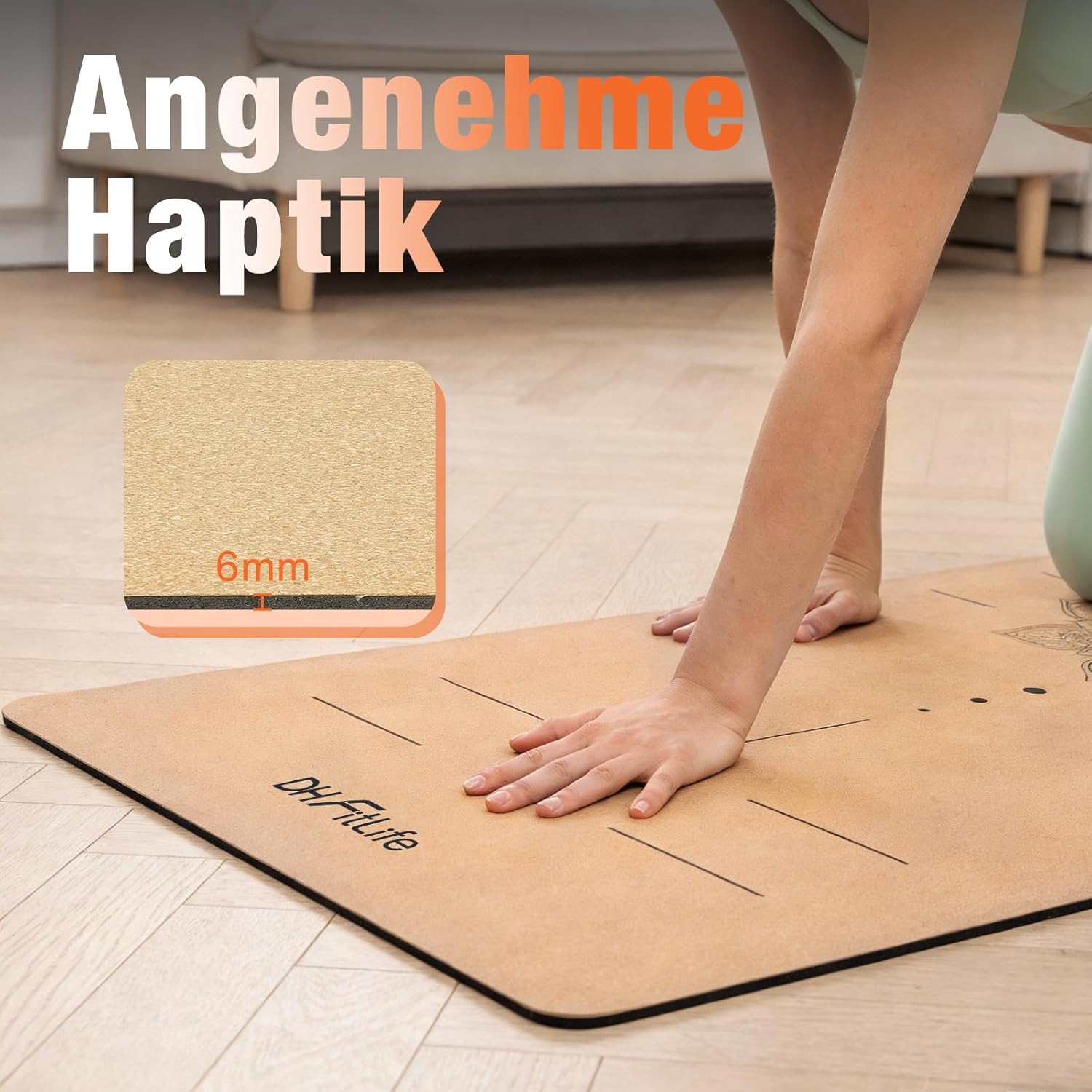 DH FitLife Kork-Yogamatte, rutschfest, aus Naturkautschuk | Gebrauchsfertig | Leicht zu reinigen | Hochwertige Sport-, Fitness- und Gymnastikmatte für Yoga, Pilates und Balance – Bild 4