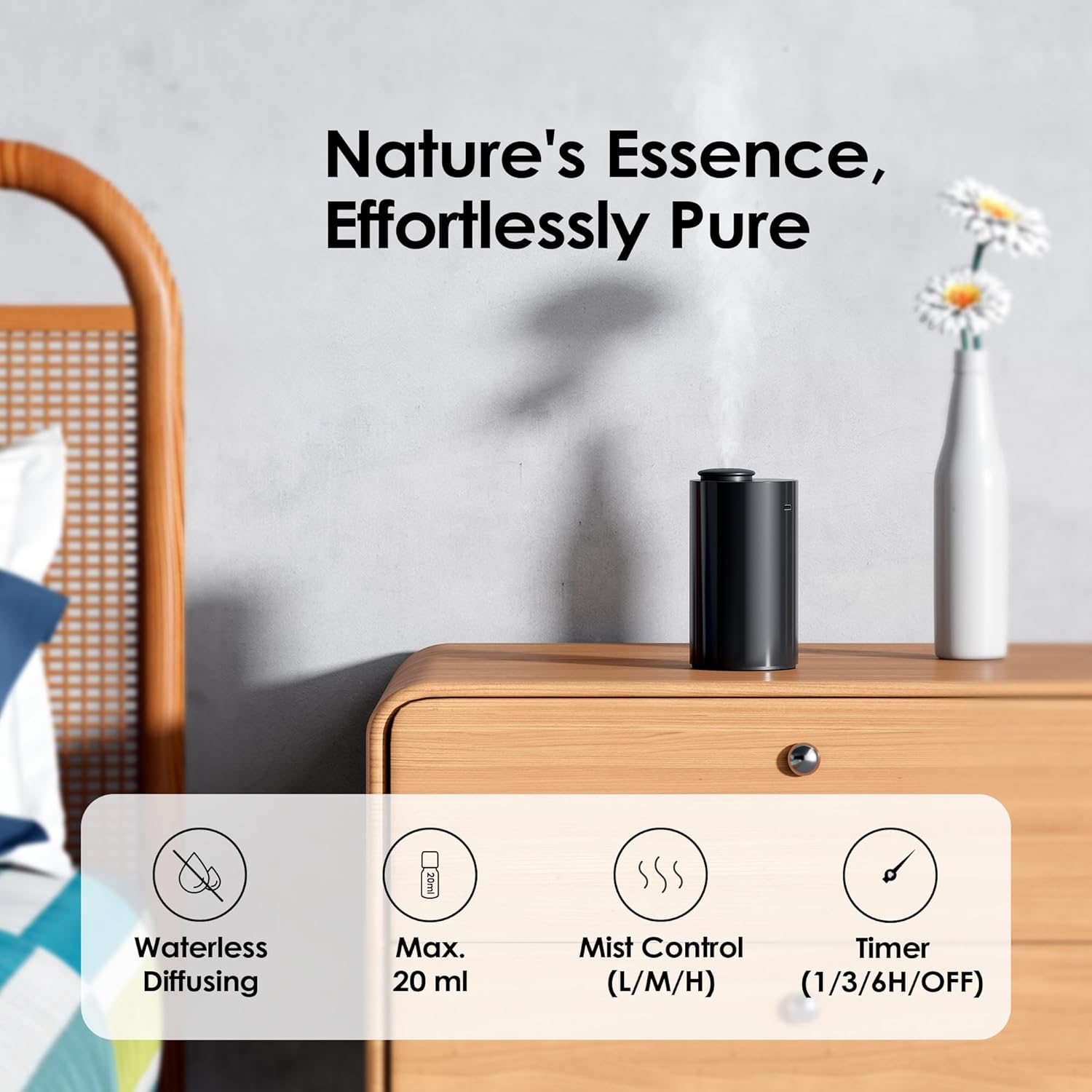 Airversa wasserloser Diffusor, tragbarer Aromadiffusor, kabellos, wiederaufladbarer USB-Aromadiffusor, 3 Countdown-Timer, 3 Nebelstufen, für Zuhause, Zimmer, Auto, Büro, AN6, Schwarz – Bild 2