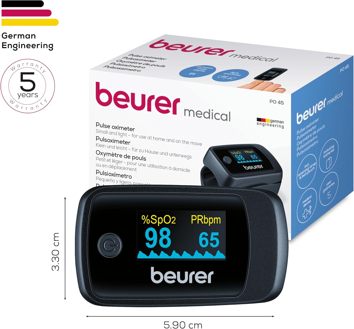 Beurer PO 40 Pulsoximeter zur Messung von Sauerstoffsättigung, Herzfrequenz und Perfusionsindex (PI), schmerzfreie Anwendung, Farbdisplay – Bild 7