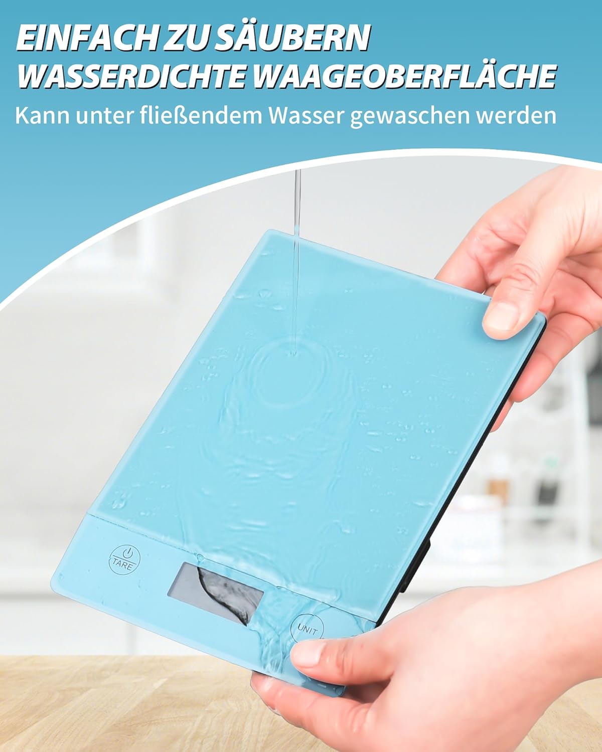 Digitale Küchenwaage, 10 kg, Glas, elektronische Haushaltswaage zum Backen, Tara-Funktion, Touch-Taste, 1 g Genauigkeit, blau – Bild 7