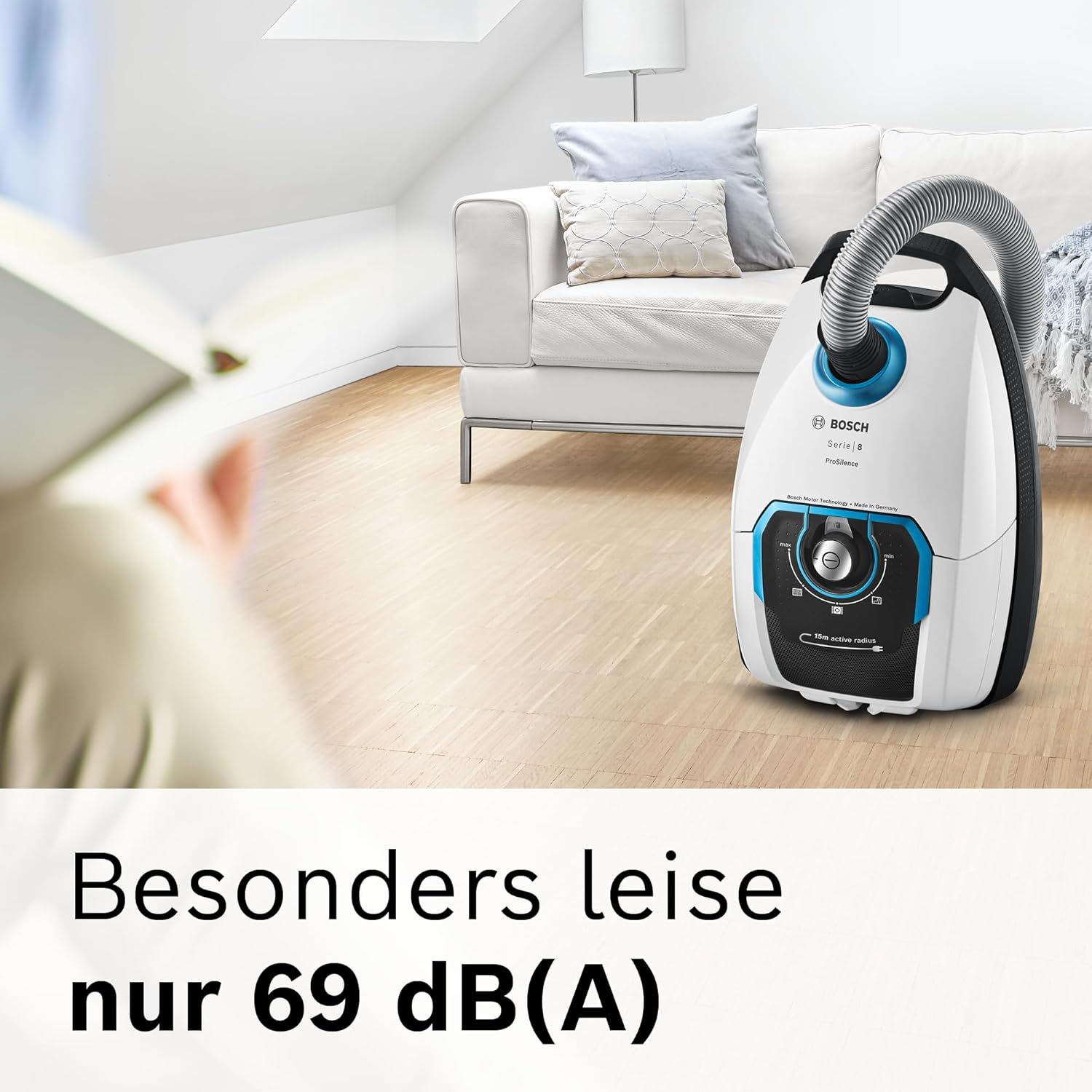 Bosch ProSilence Serie 8 BGB75XSIL Staubsauger mit Beutel, ideal für Allergiker, Hygienefilter, Hartbodendüse, langes Kabel, hergestellt in Deutschland, 650 W, weiß – Bild 5