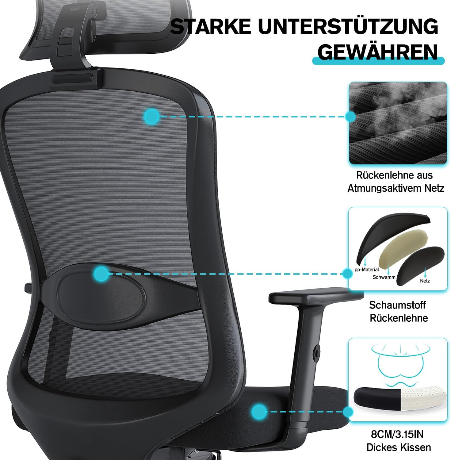 Ergonomischer Bürostuhl, Schreibtischstuhl mit verstellbaren Kopfstützen und Armlehnen, Drehstuhl mit 4 cm Schaumstoff-Lendenkissen, Bürostühle mit Netzbezug, für Home Office (schwarz) – Bild 7