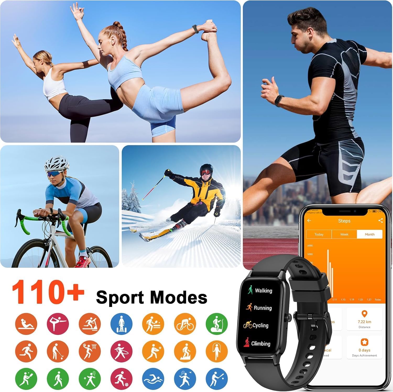 Smartwatch Herren Damen 2026, 1,57 Zoll HD Fitnessuhr Herren mit Telefonfunktion, Wasserdichter Aktivitätstracker 110+ Sportmodi, Fitnesstracker mit Schlafmonitor Schrittzähler, Uhr für Android/iOS – Bild 4