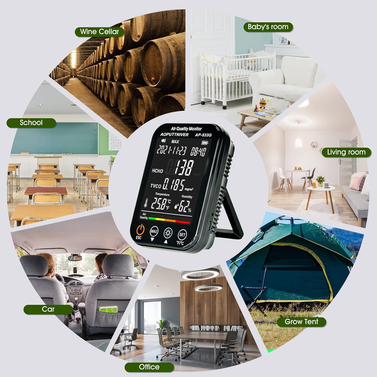 Formaldehyd-Detektor, Lufttests, genauer Test für Formaldehyd (HCHO)/TVOC, Professional 4-i-1 für Inomhusbruk Med Formaldehyd, TVOC, Temperatur (°F/°C), Überprüfung für Hemmakontor UK-AP-533G – Bild 8
