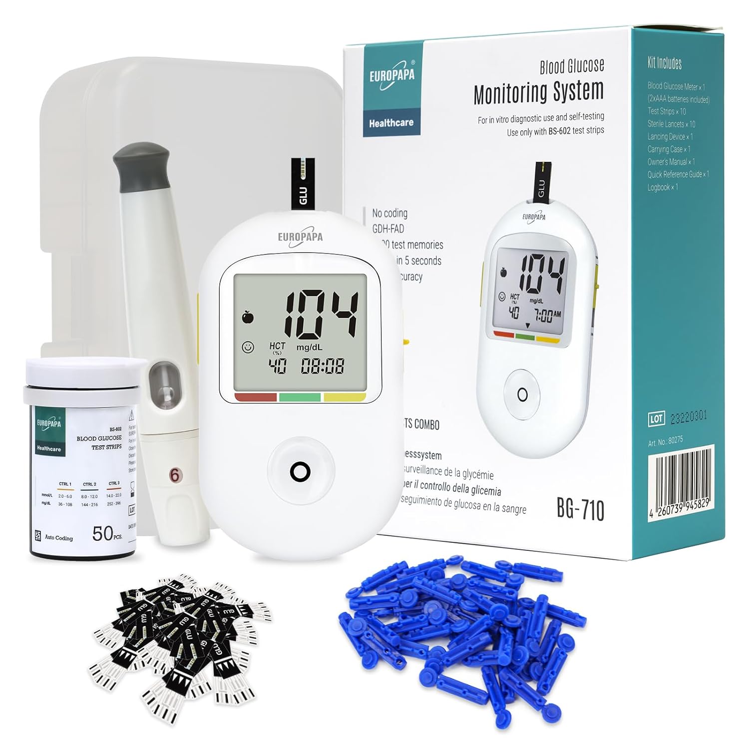 EUROPAPA Blutzuckermessgerät mit Blutzucker-Teststreifen, Blutlanzetten und Stechhilfe, Blutzucker-Messsystem, Diabetes-Set mg/dL zur Blutzucker-Selbstkontrolle, 50 Stück Lanzetten- & BZ-Streifen (weiß)
